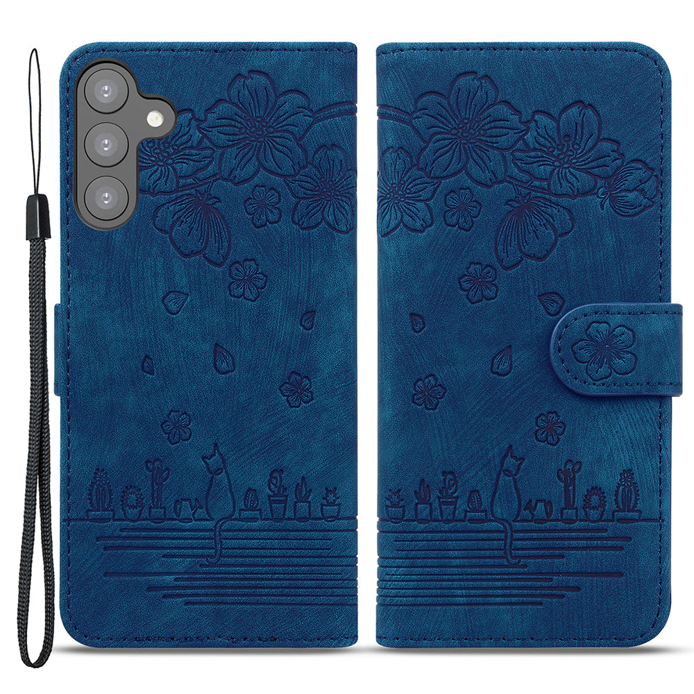 For Samsung Galaxy S23 PU Leather Stand Case Imprinted Cat Phone Wallet Shell with Hand Strap
