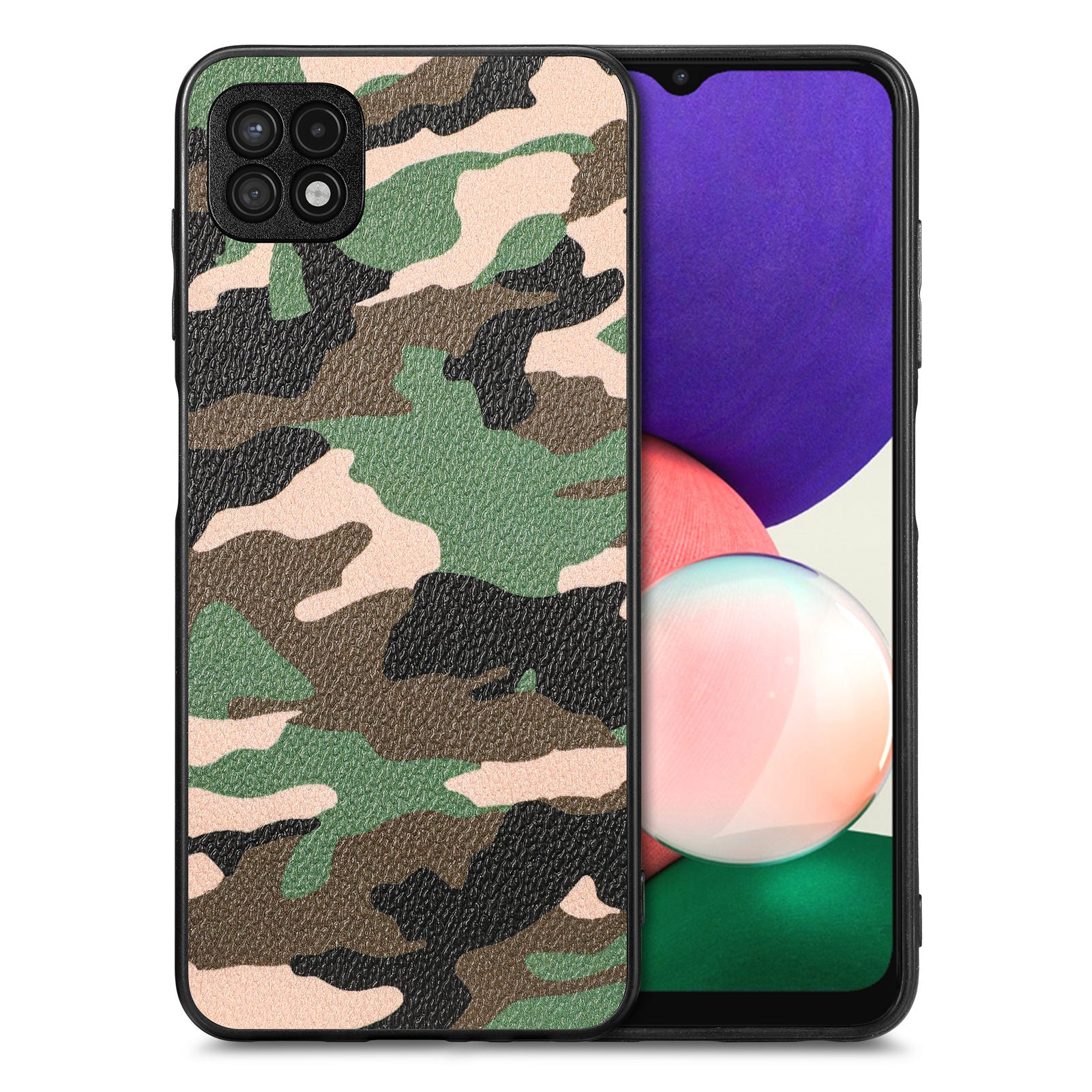 Kryt na telefon pro Samsung Galaxy A22 5G (EU verze) Maskovací vzor PU Leather Coated PC TPU Case