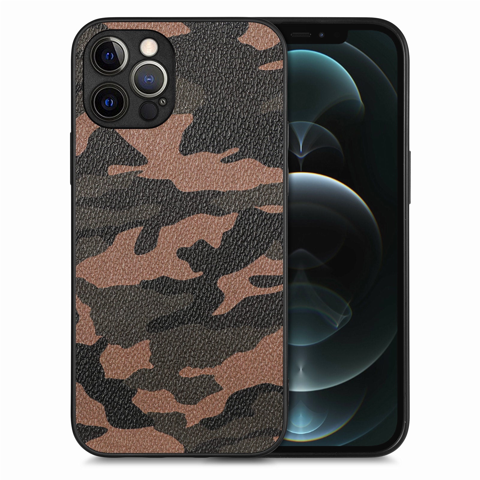 PU Leather Coated PC TPU Case for iPhone 12 Pro Precise Cutout Camouflage Pattern Phone Cover