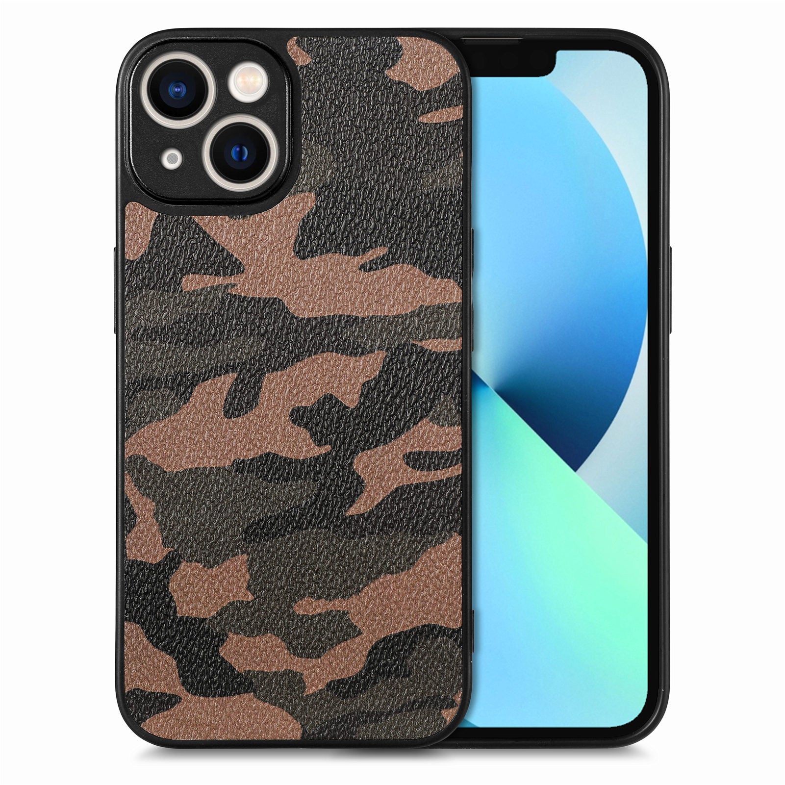 Camouflage Pattern Cell Phone Case for iPhone 13 PU Leather Coating PC TPU Protective Cover