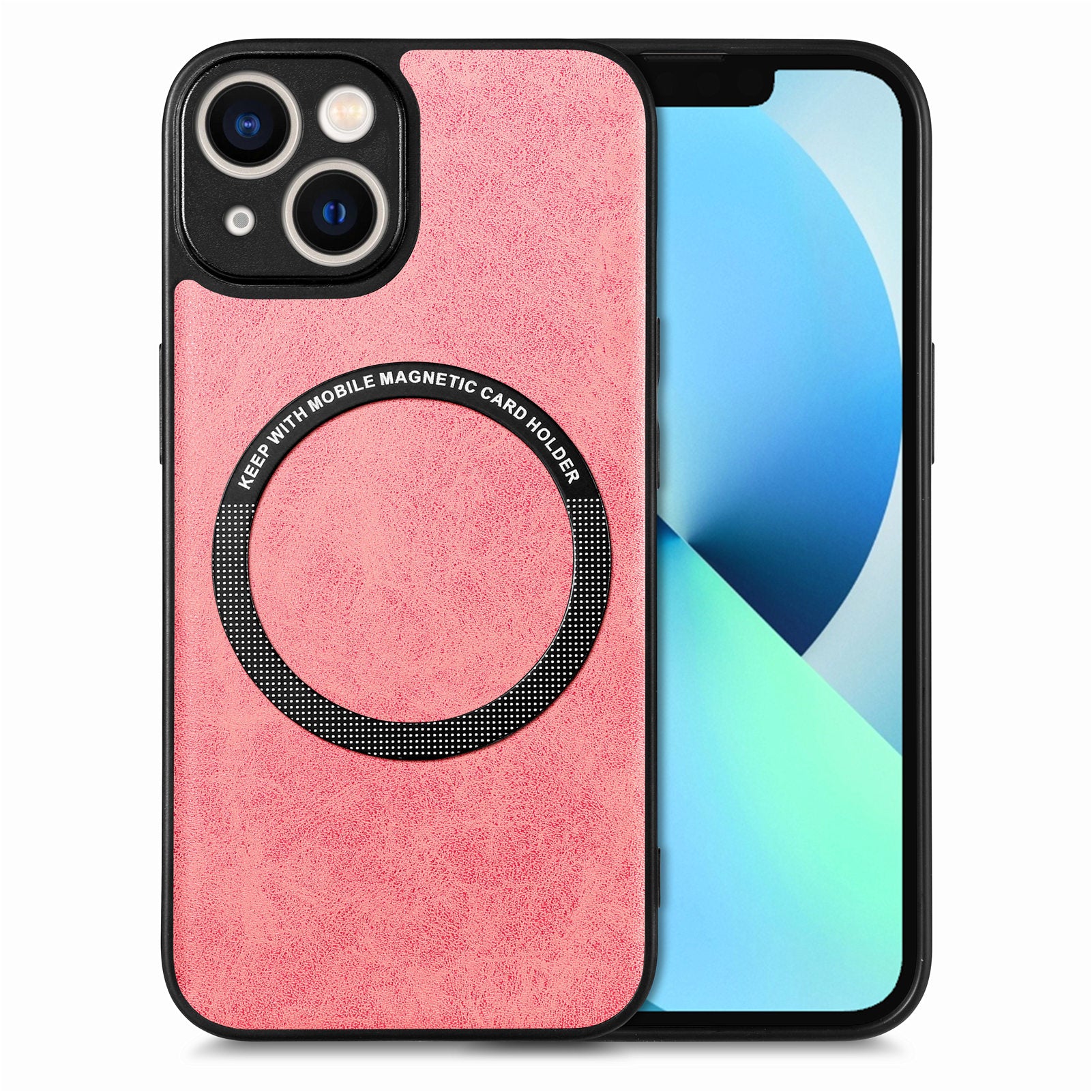 Car Mount Mobile Phone Case Compatible with MagSafe for iPhone 13 , Metal Ring PU Leather Coated PC+TPU Cover - Black