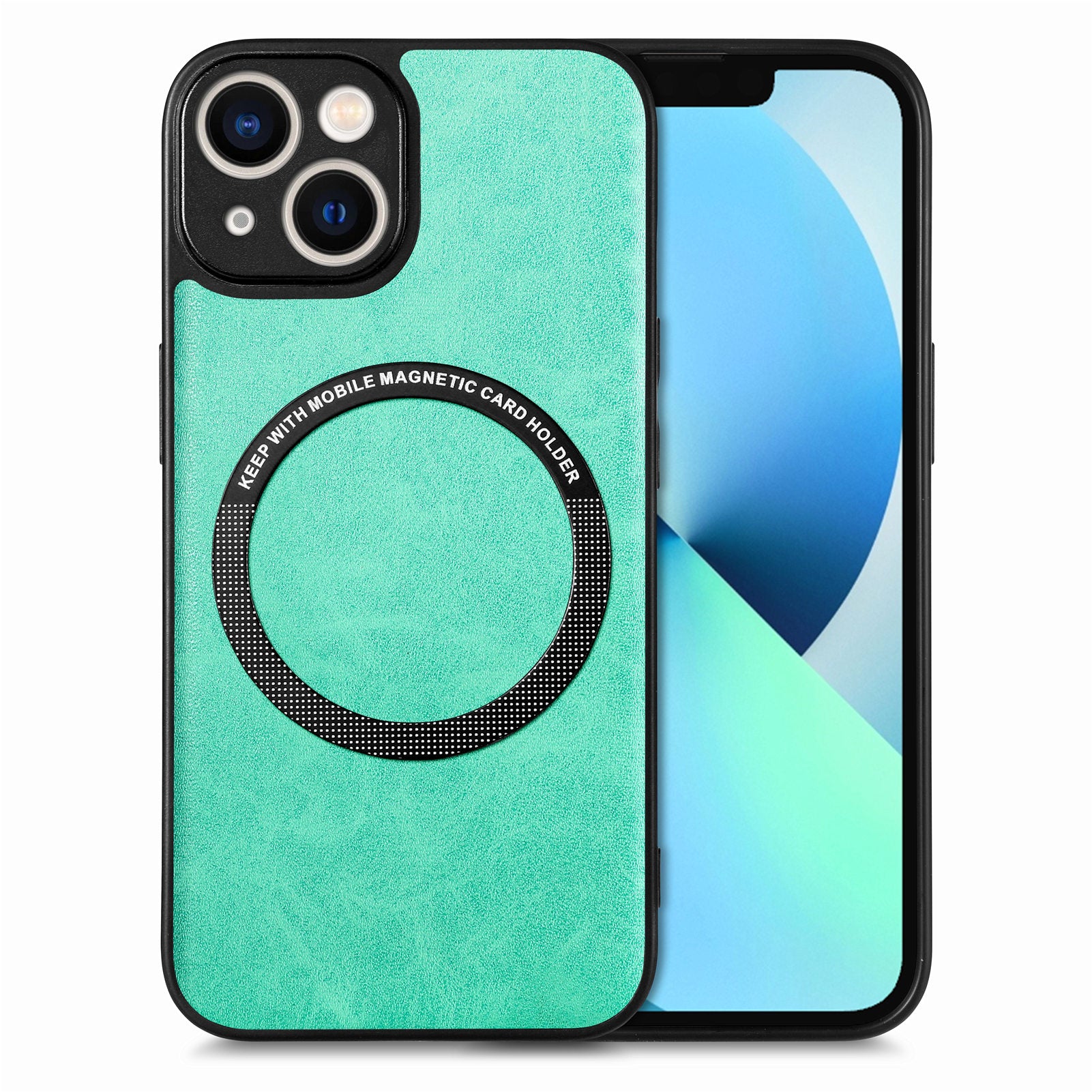 Car Mount Mobile Phone Case Compatible with MagSafe for iPhone 13 , Metal Ring PU Leather Coated PC+TPU Cover - Black