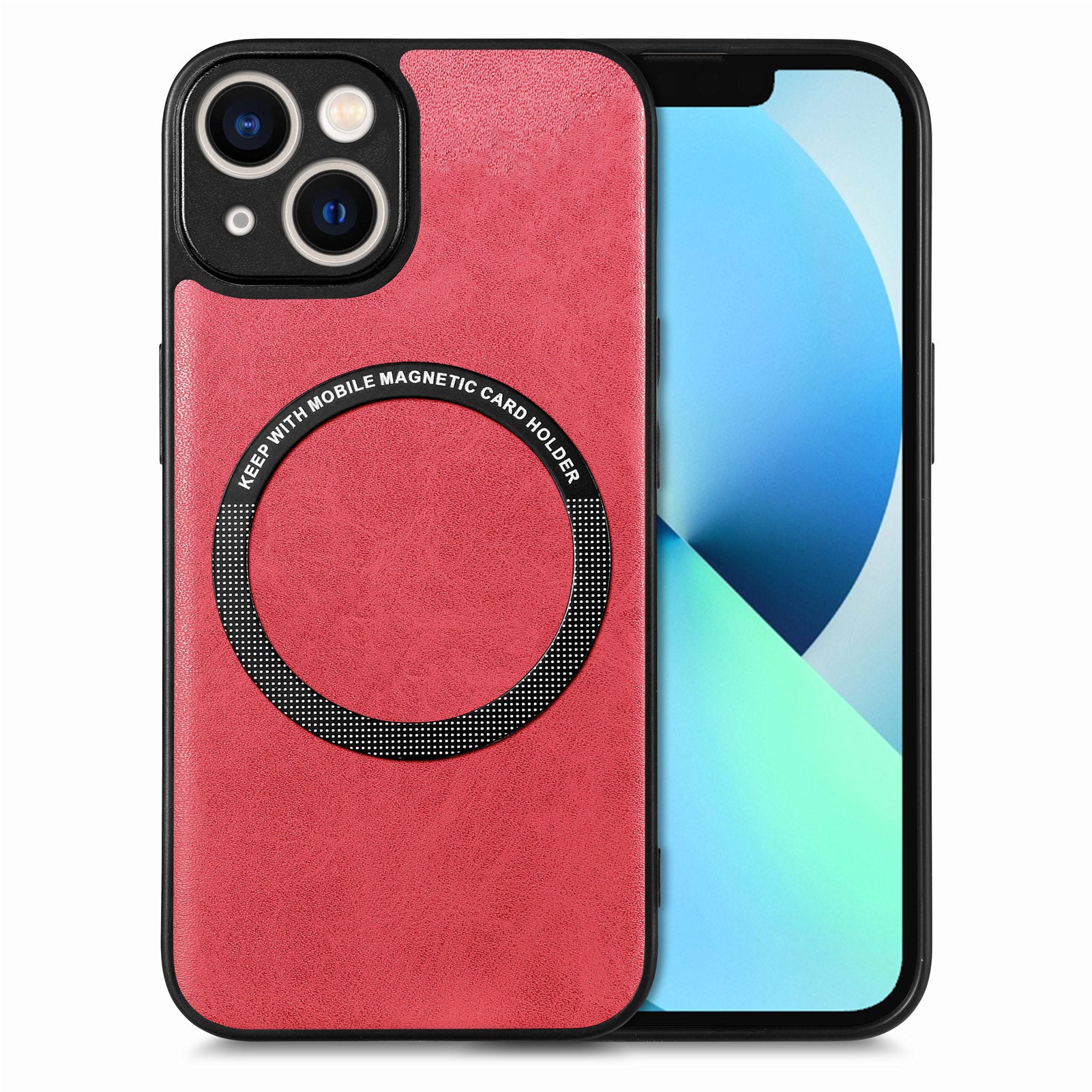 Car Mount Mobile Phone Case Compatible with MagSafe for iPhone 13 , Metal Ring PU Leather Coated PC+TPU Cover - Black