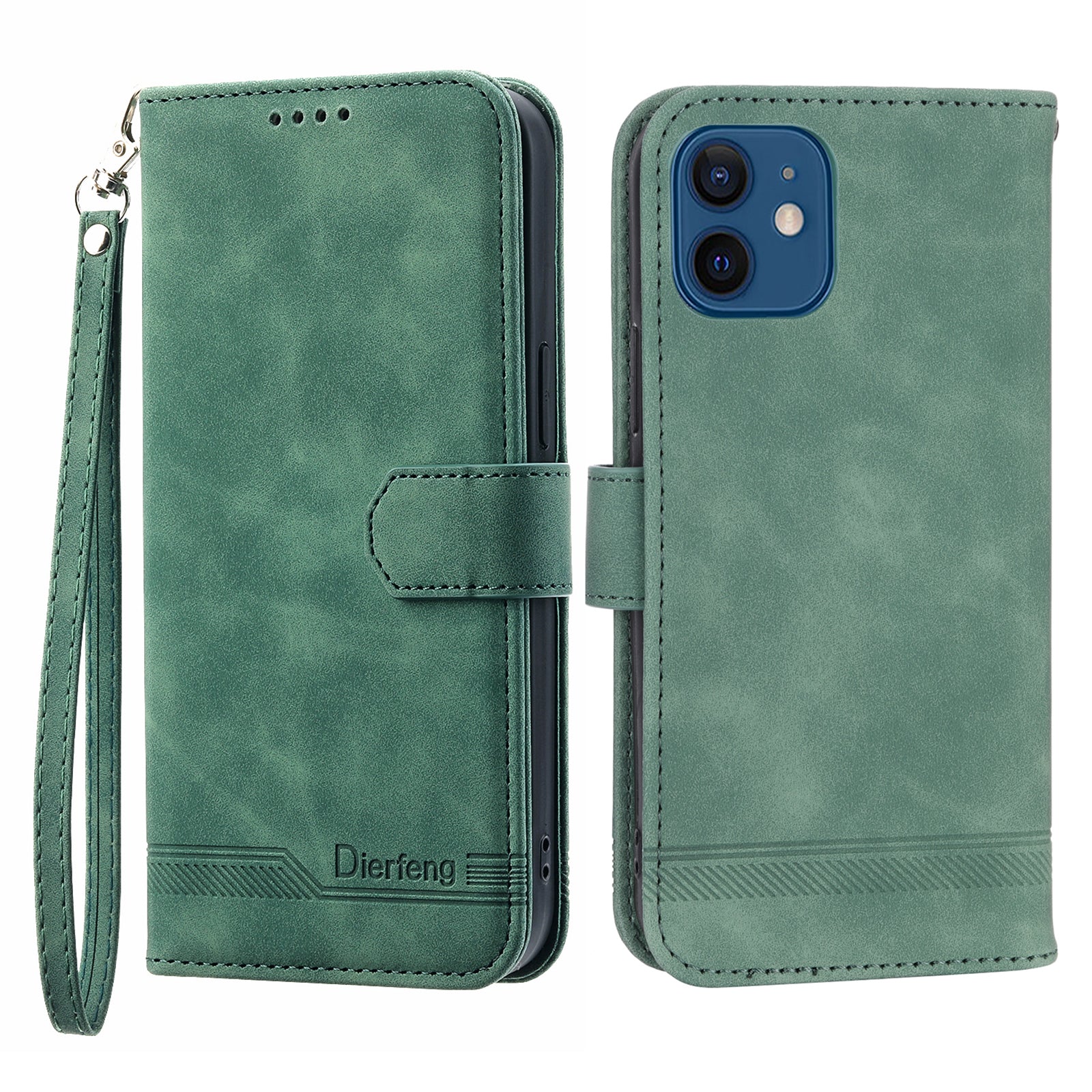 DIERFENG DF-03 Anti-scratch Leather Phone Case Stand Wallet for iPhone 12 12 Pro 6.1 inch Lines Imprinted Anti-drop Phone Cover