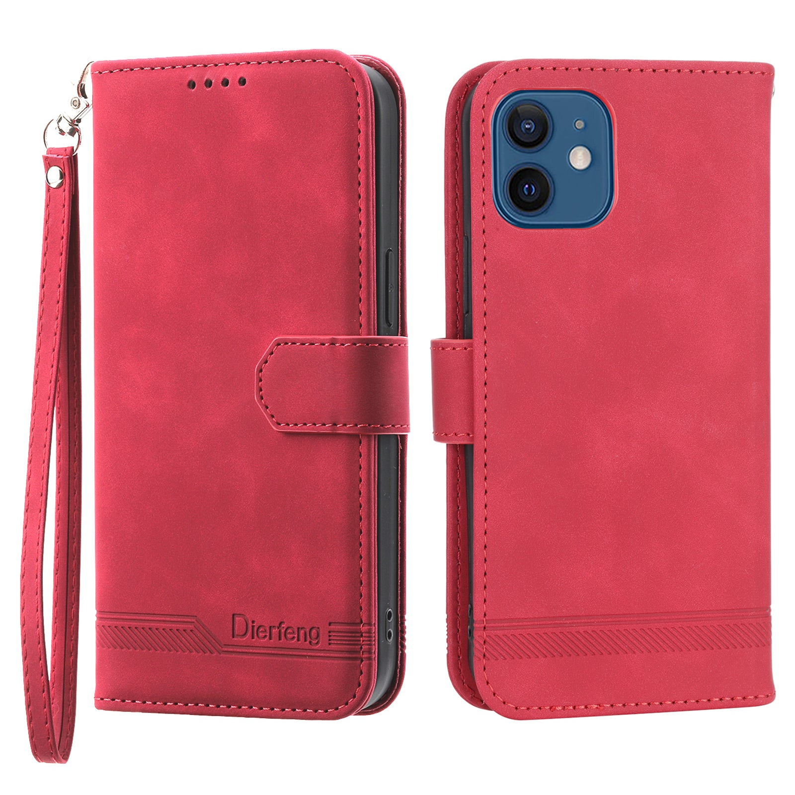 DIERFENG DF-03 Anti-scratch Leather Phone Case Stand Wallet for iPhone 12 12 Pro 6.1 inch Lines Imprinted Anti-drop Phone Cover