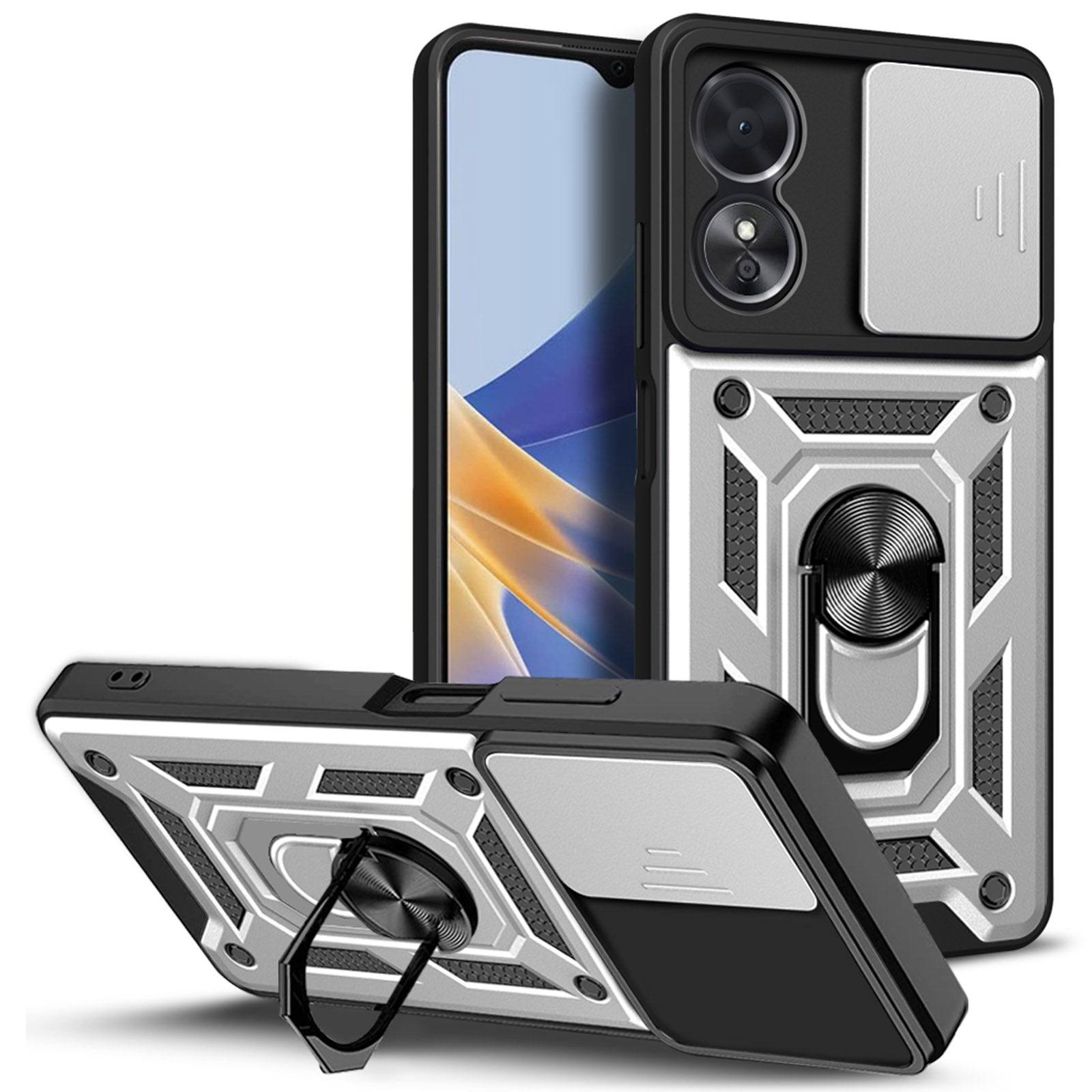 Anti-drop Phone Case For Oppo A17 4G Ring Kickstand Mobile Phone Case with Slide Camera Lens Cover