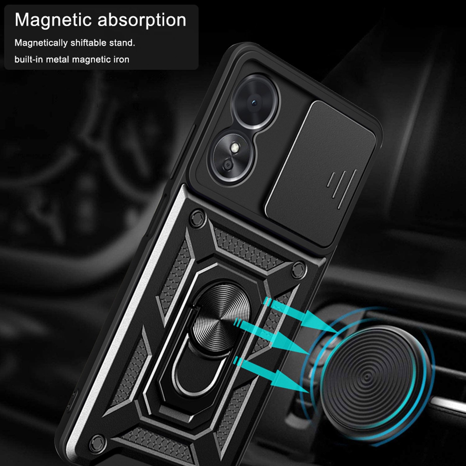 Anti-drop Phone Case For Oppo A17 4G Ring Kickstand Mobile Phone Case with Slide Camera Lens Cover
