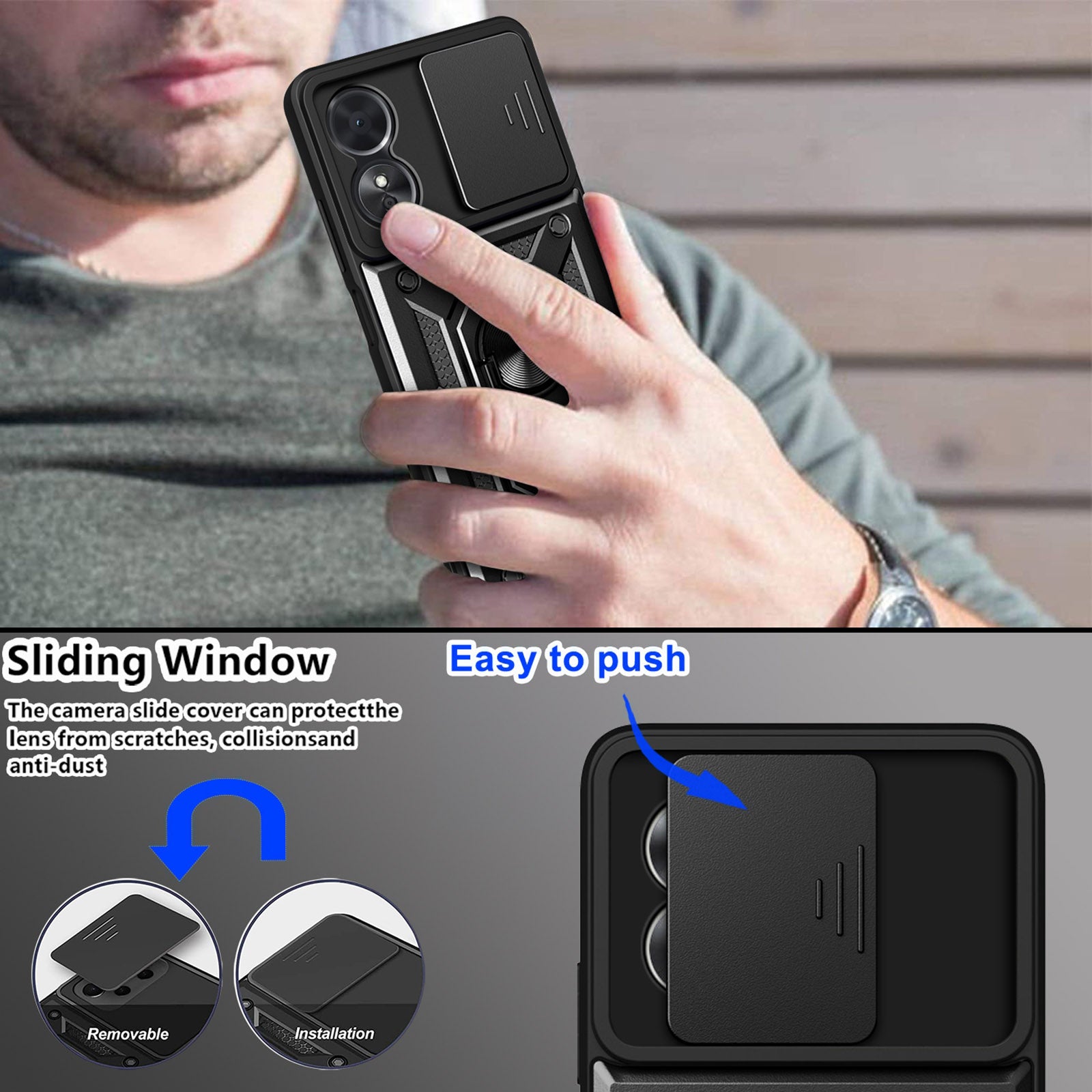 Anti-drop Phone Case For Oppo A17 4G Ring Kickstand Mobile Phone Case with Slide Camera Lens Cover