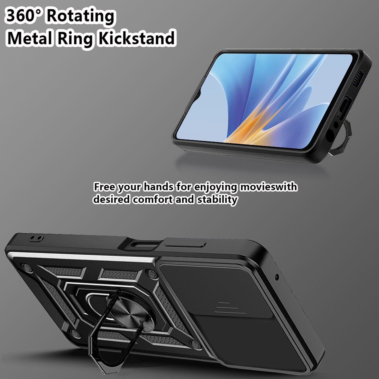 Anti-drop Phone Case For Oppo A17 4G Ring Kickstand Mobile Phone Case with Slide Camera Lens Cover