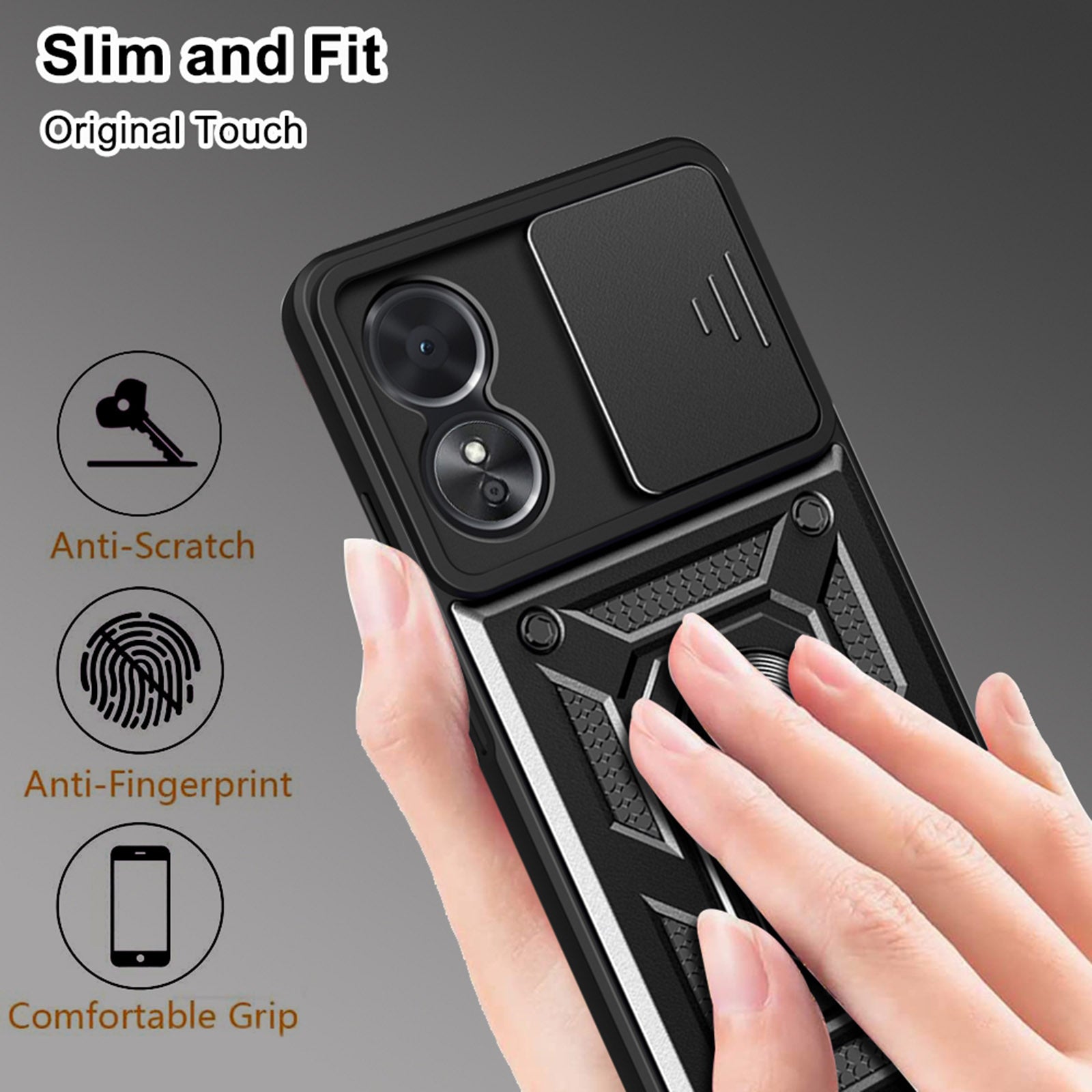 Anti-drop Phone Case For Oppo A17 4G Ring Kickstand Mobile Phone Case with Slide Camera Lens Cover