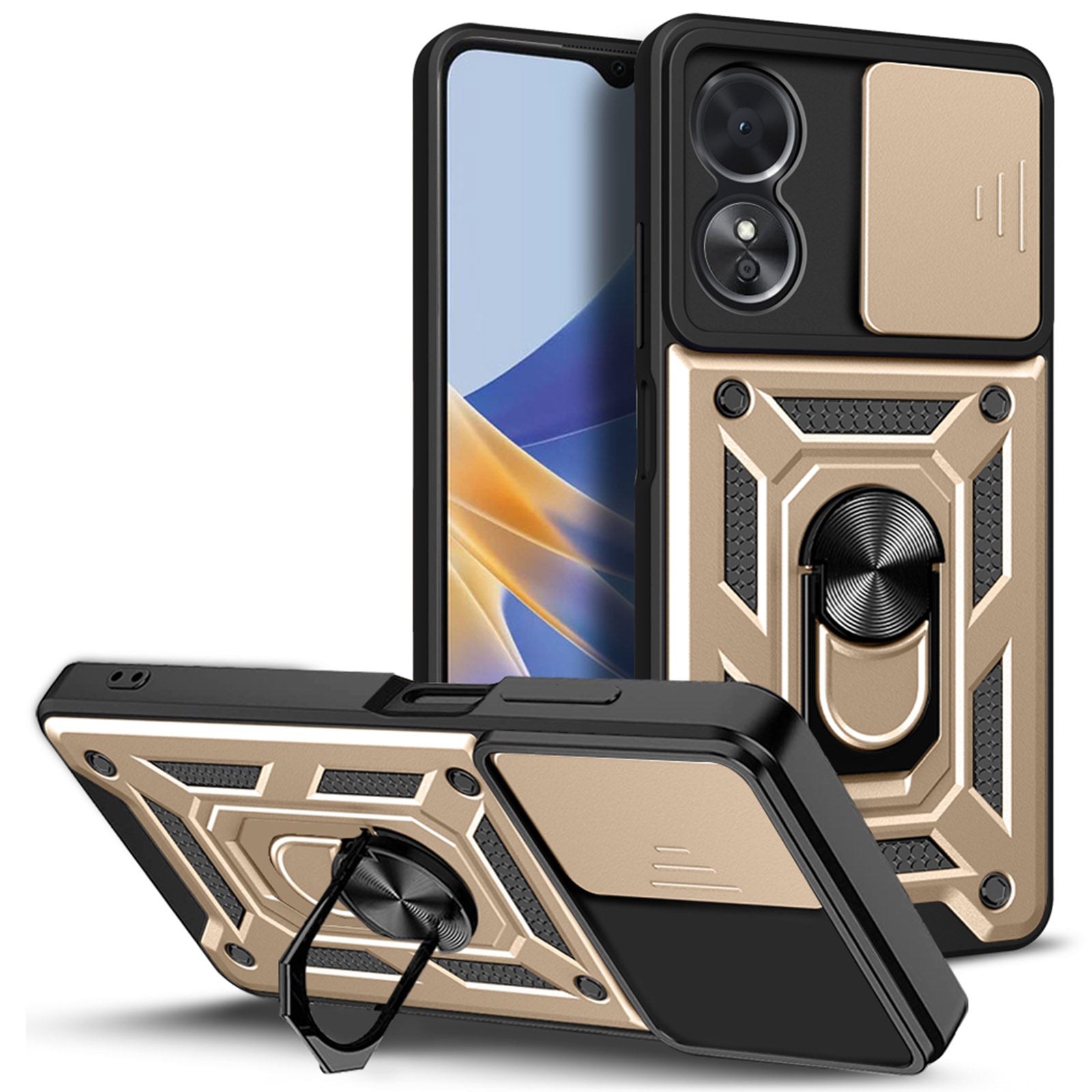 Anti-drop Phone Case For Oppo A17 4G Ring Kickstand Mobile Phone Case with Slide Camera Lens Cover