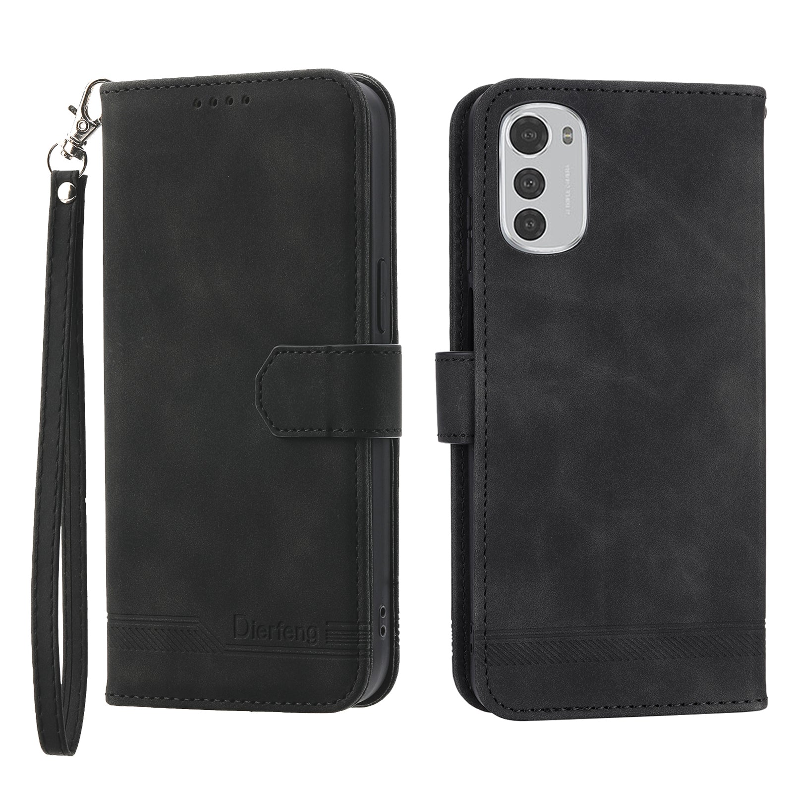 DIERFENG DF-03 Anti-scratch Leather Case for Motorola Moto E32 4G Lines Imprinted Phone Wallet Stand Cover