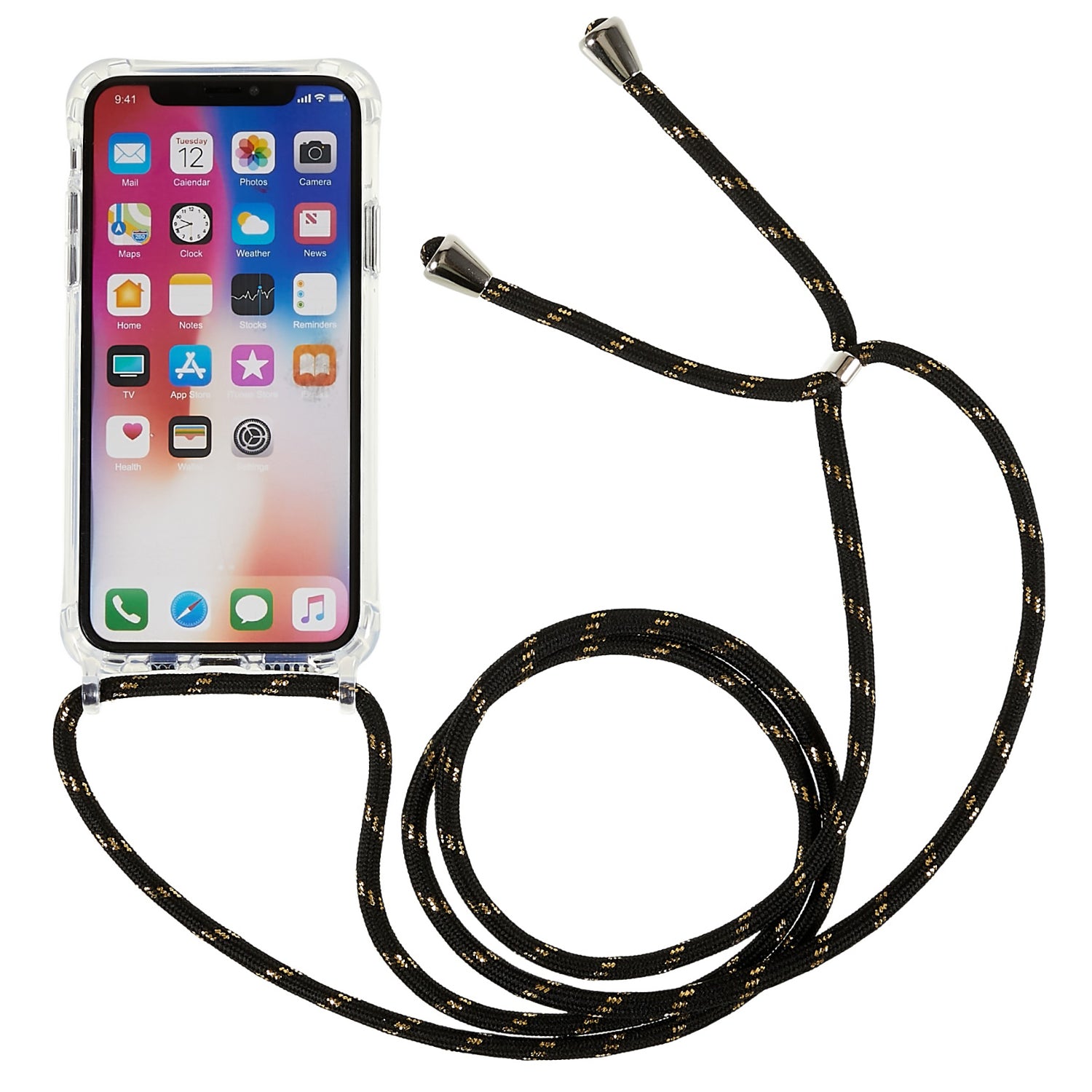 For iPhone X XS Anti-drop TPU Acrylic Phone Cover Transparent Case with Adjustable Lanyard