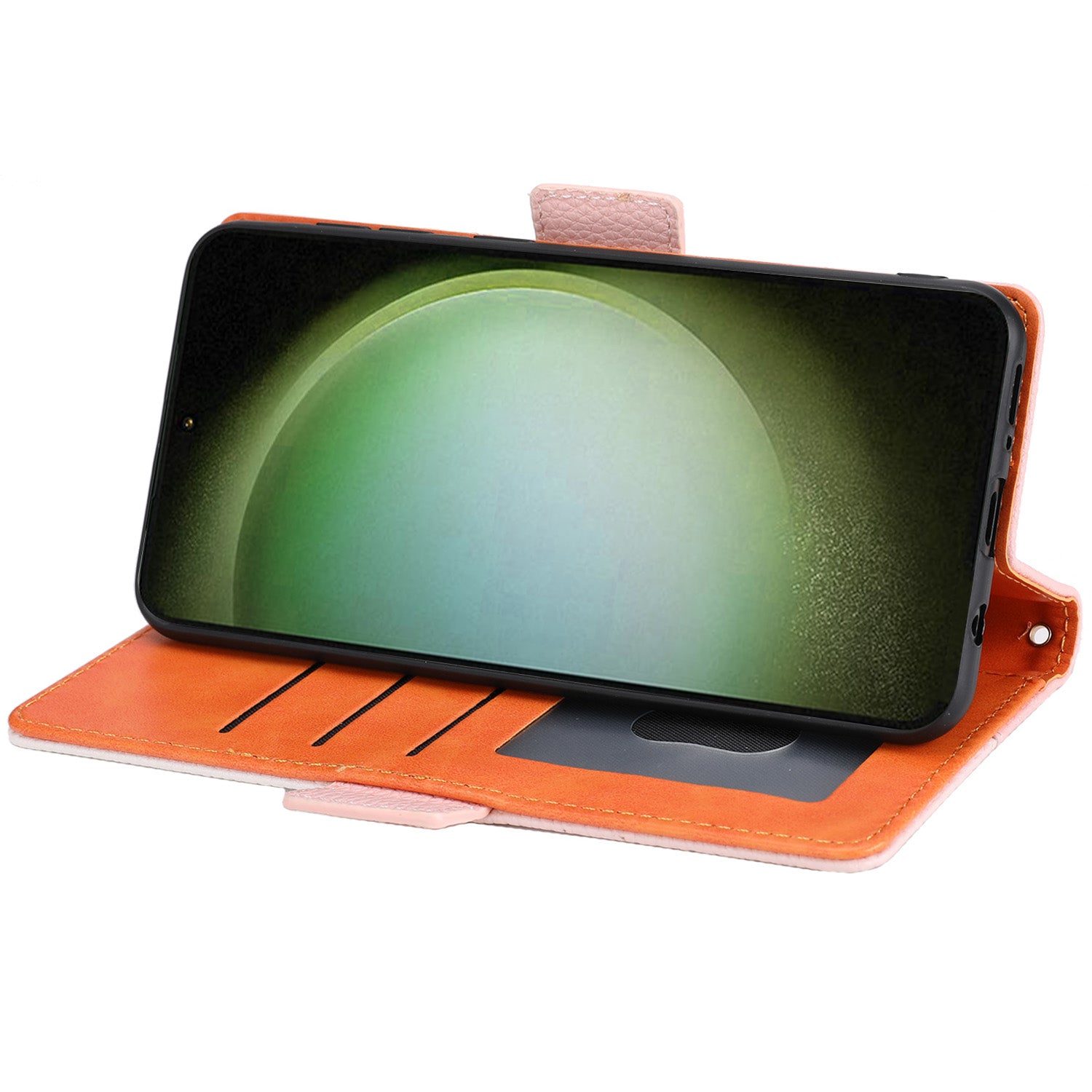 PU Leather Phone Wallet Case for Samsung Galaxy S23 Ultra Tri-color Splicing Litchi Texture Phone Stand Cover with Strap