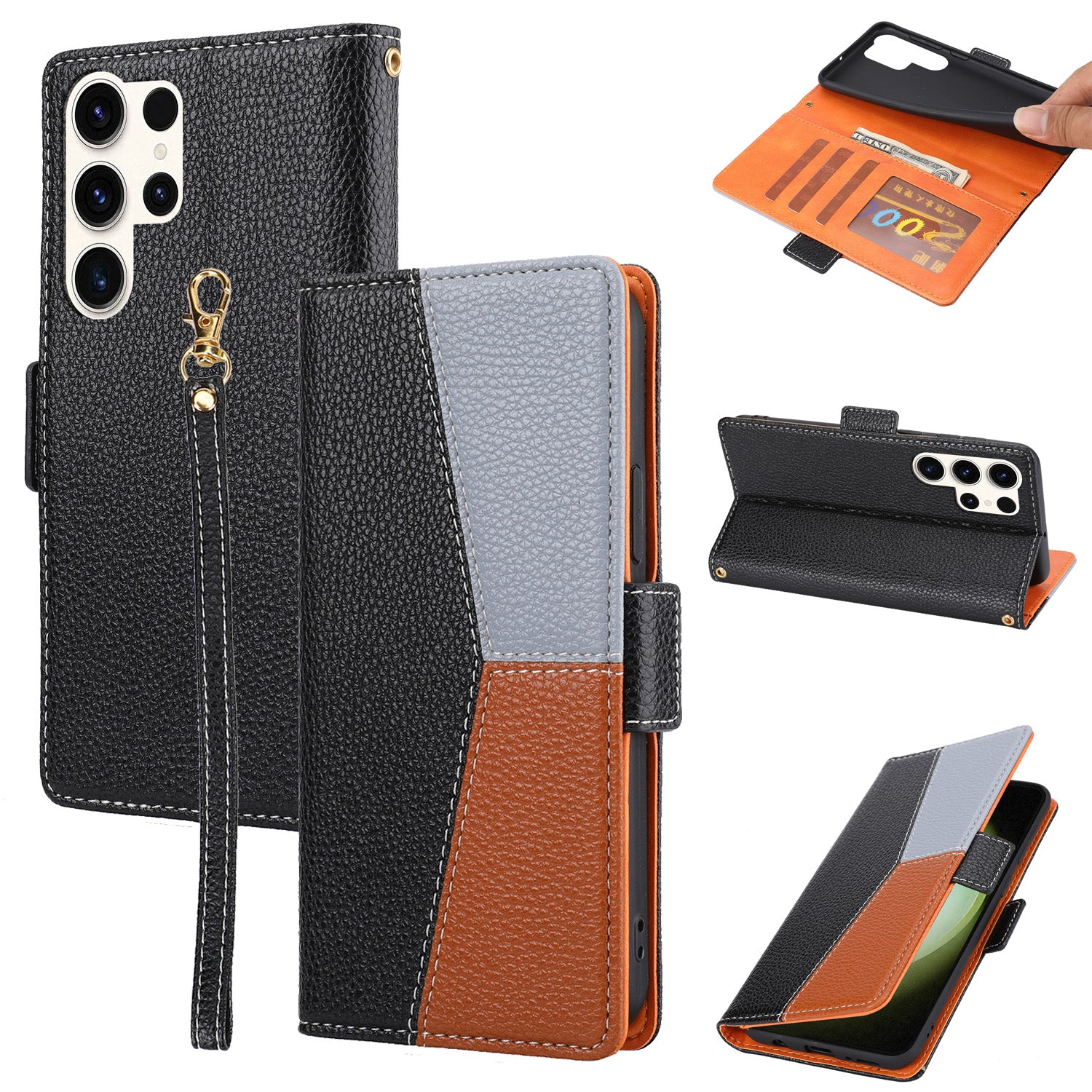 PU Leather Phone Wallet Case for Samsung Galaxy S23 Ultra Tri-color Splicing Litchi Texture Phone Stand Cover with Strap