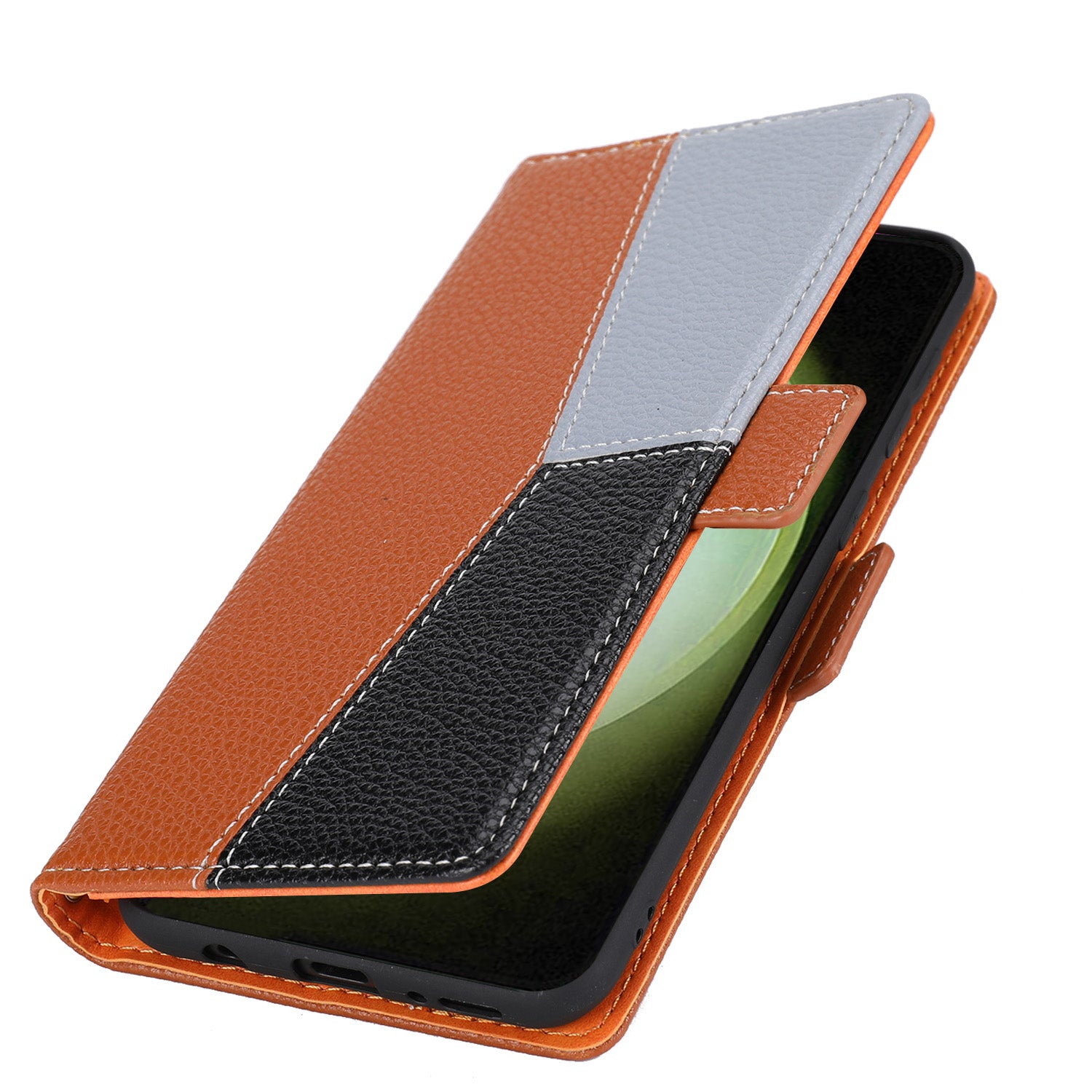 PU Leather Phone Wallet Case for Samsung Galaxy S23 Ultra Tri-color Splicing Litchi Texture Phone Stand Cover with Strap