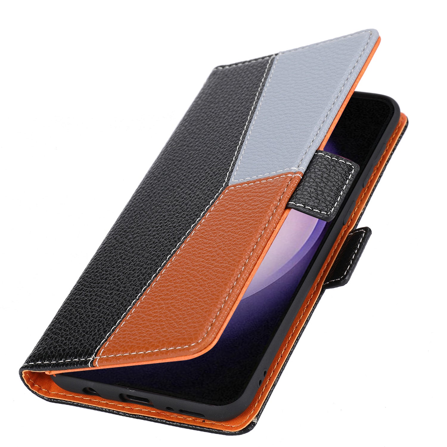 Phone Wallet Case for Samsung Galaxy S23 Tri-color Splicing PU Leather Litchi Texture Stand Cover with Strap