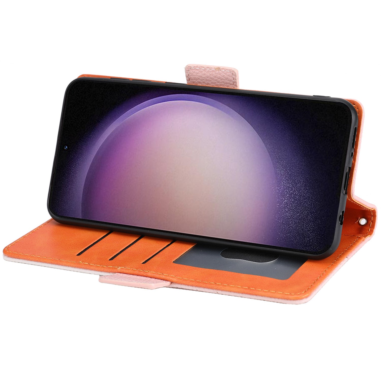 Phone Wallet Case for Samsung Galaxy S23 Tri-color Splicing PU Leather Litchi Texture Stand Cover with Strap
