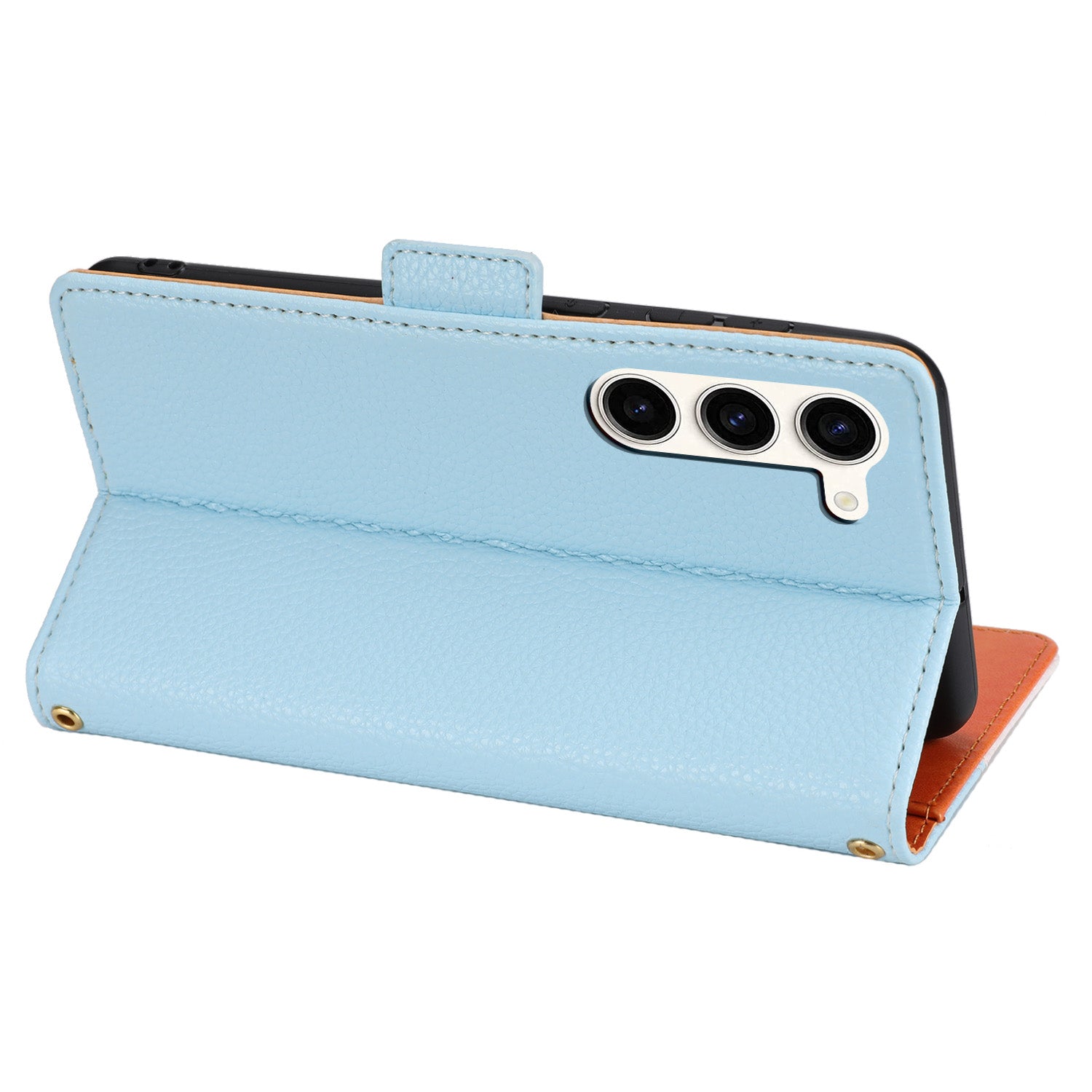 Phone Wallet Case for Samsung Galaxy S23 Tri-color Splicing PU Leather Litchi Texture Stand Cover with Strap