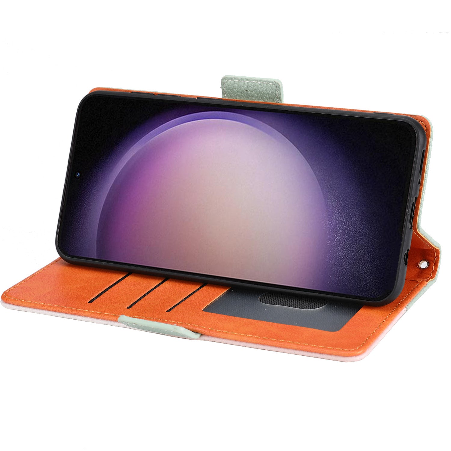 Phone Wallet Case for Samsung Galaxy S23 Tri-color Splicing PU Leather Litchi Texture Stand Cover with Strap