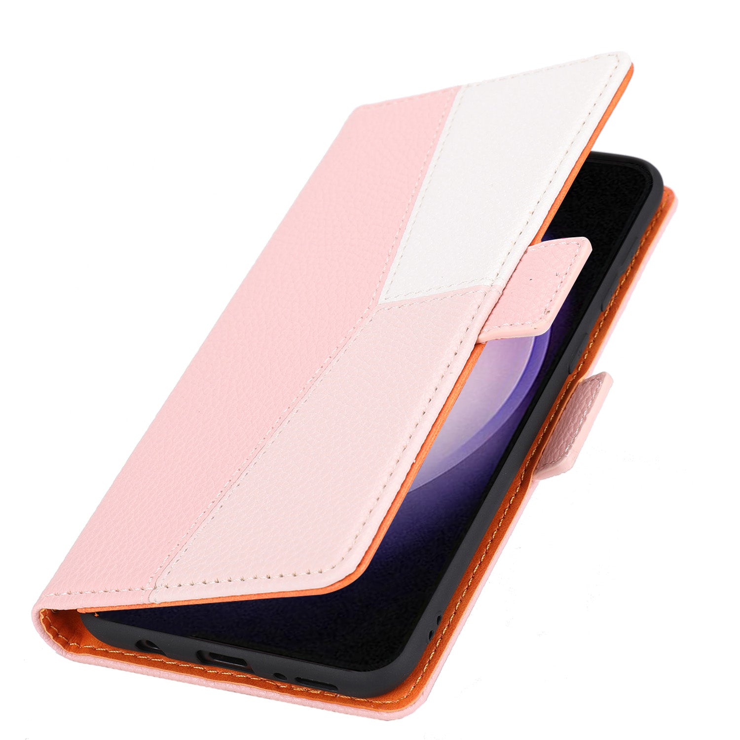 Phone Leather Case for Samsung Galaxy S23 Tri-color Splicing Litchi Texture Cell Phone Stand Cover Wallet with Strap