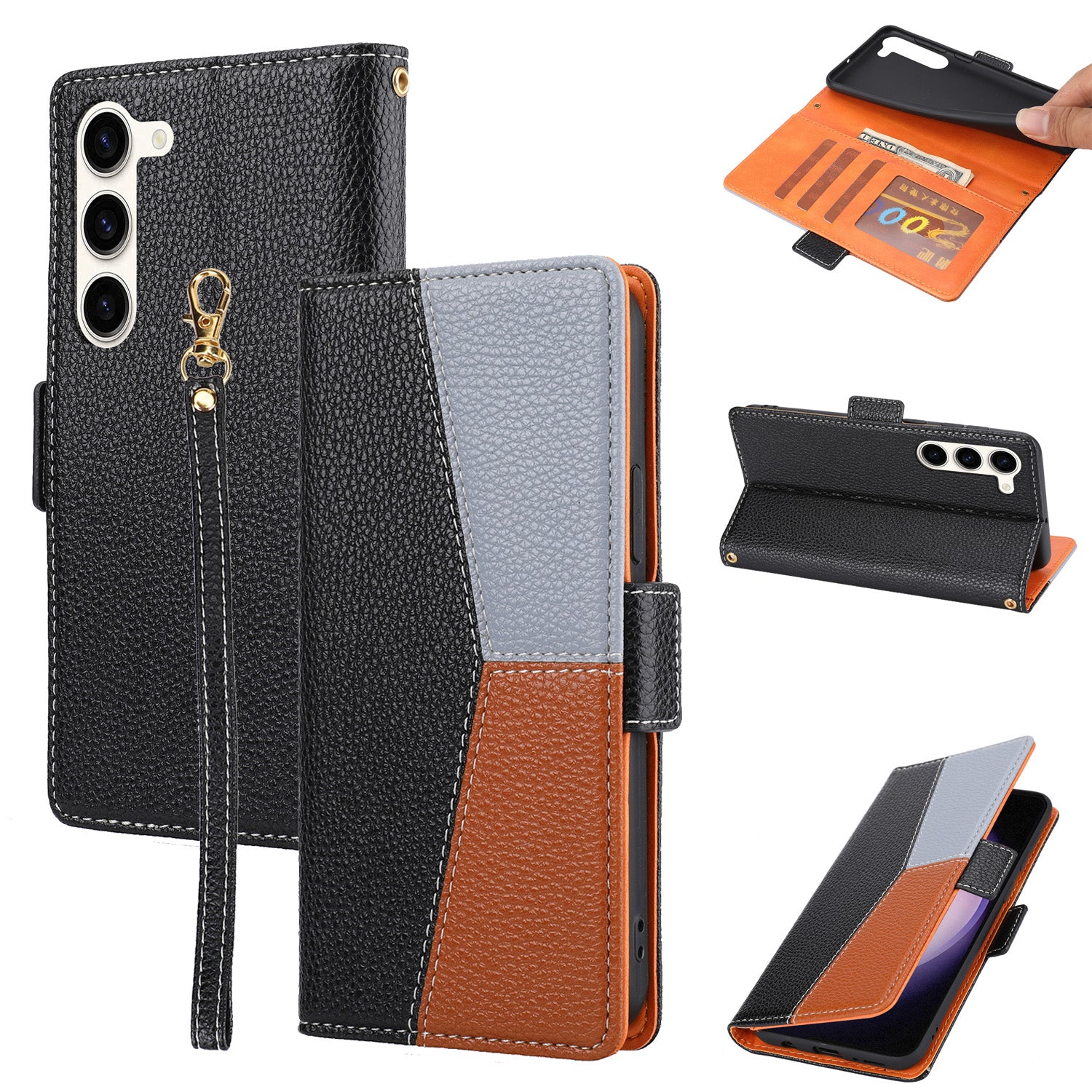 Phone Leather Case for Samsung Galaxy S23 Tri-color Splicing Litchi Texture Cell Phone Stand Cover Wallet with Strap