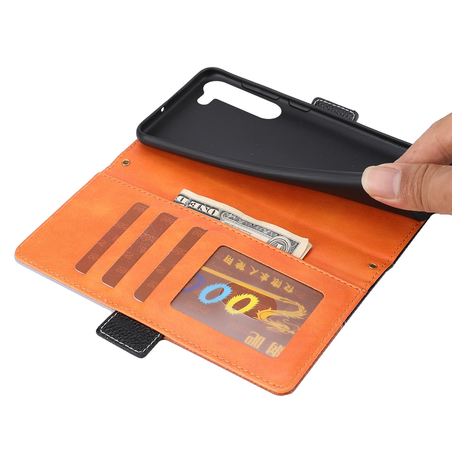 Phone Leather Case for Samsung Galaxy S23 Tri-color Splicing Litchi Texture Cell Phone Stand Cover Wallet with Strap