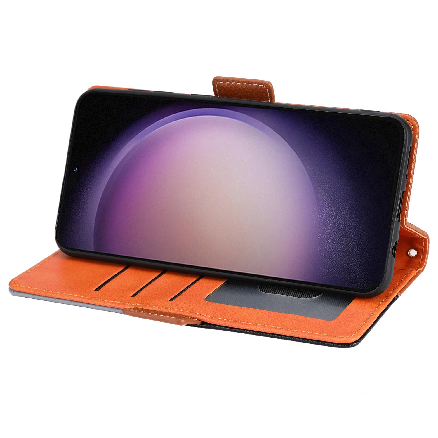 Phone Leather Case for Samsung Galaxy S23 Tri-color Splicing Litchi Texture Cell Phone Stand Cover Wallet with Strap