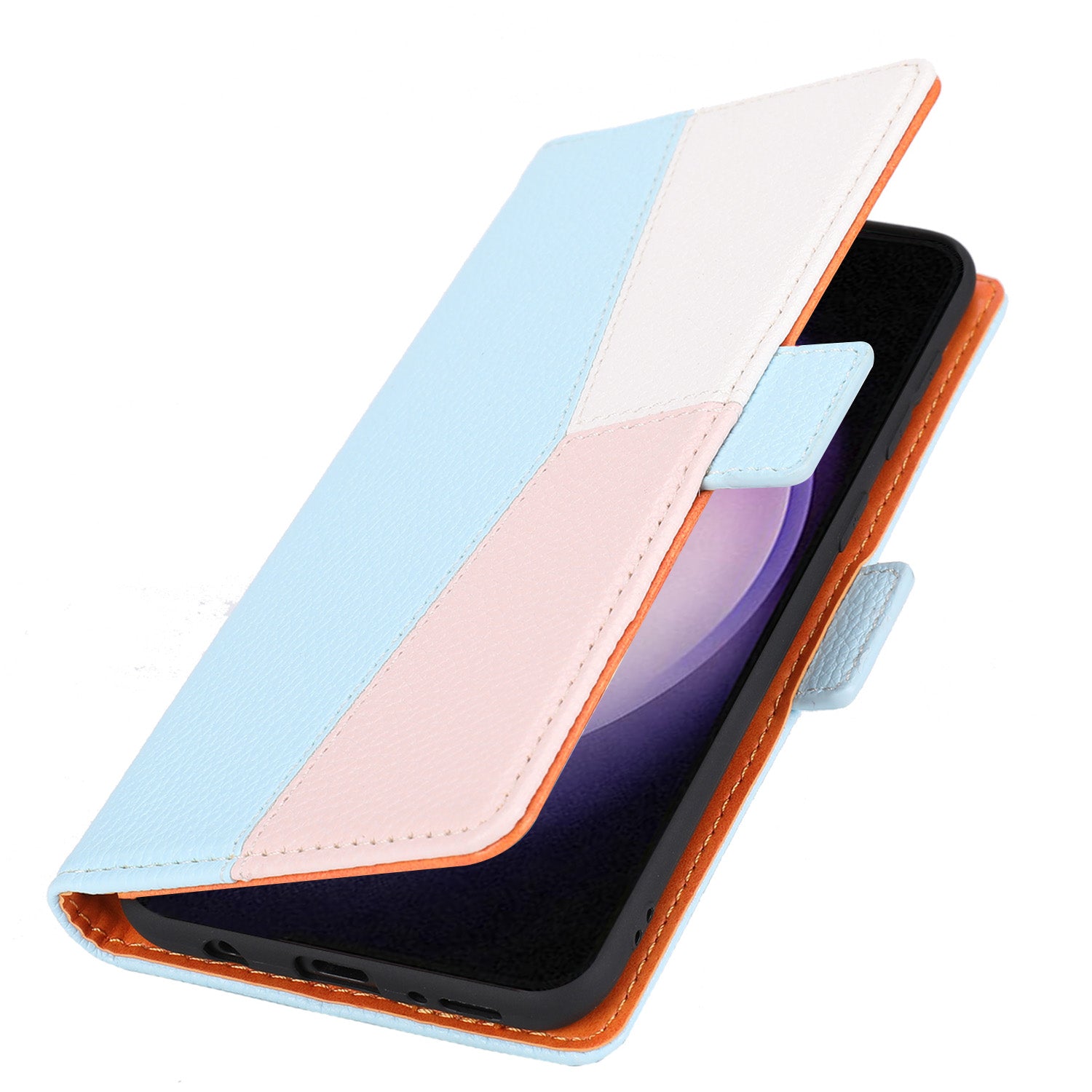 Phone Leather Case for Samsung Galaxy S23 Tri-color Splicing Litchi Texture Cell Phone Stand Cover Wallet with Strap