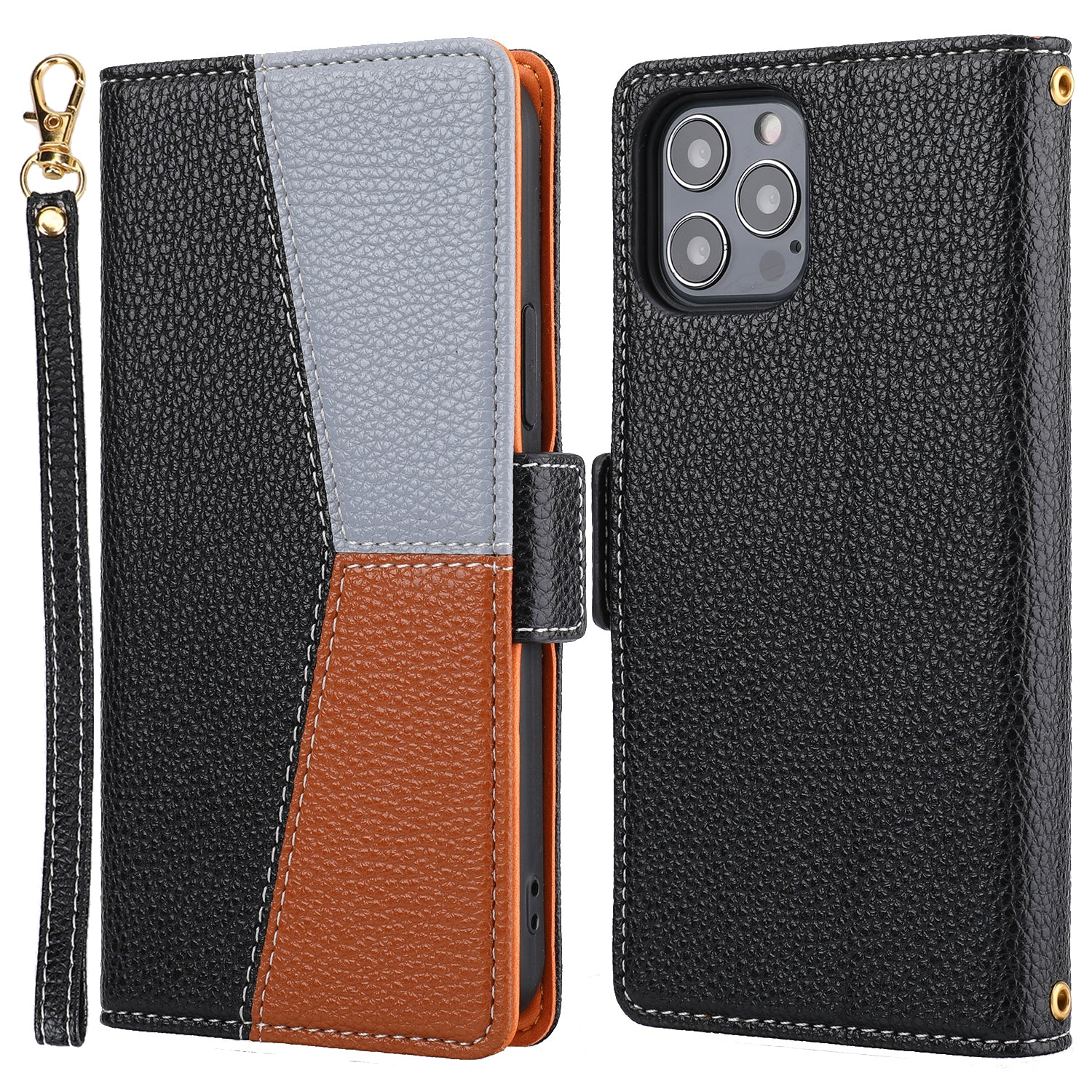 Leather Phone Cover for iPhone 14 Pro Tri-color Splicing Litchi Texture Wallet Phone Stand Case with Strap