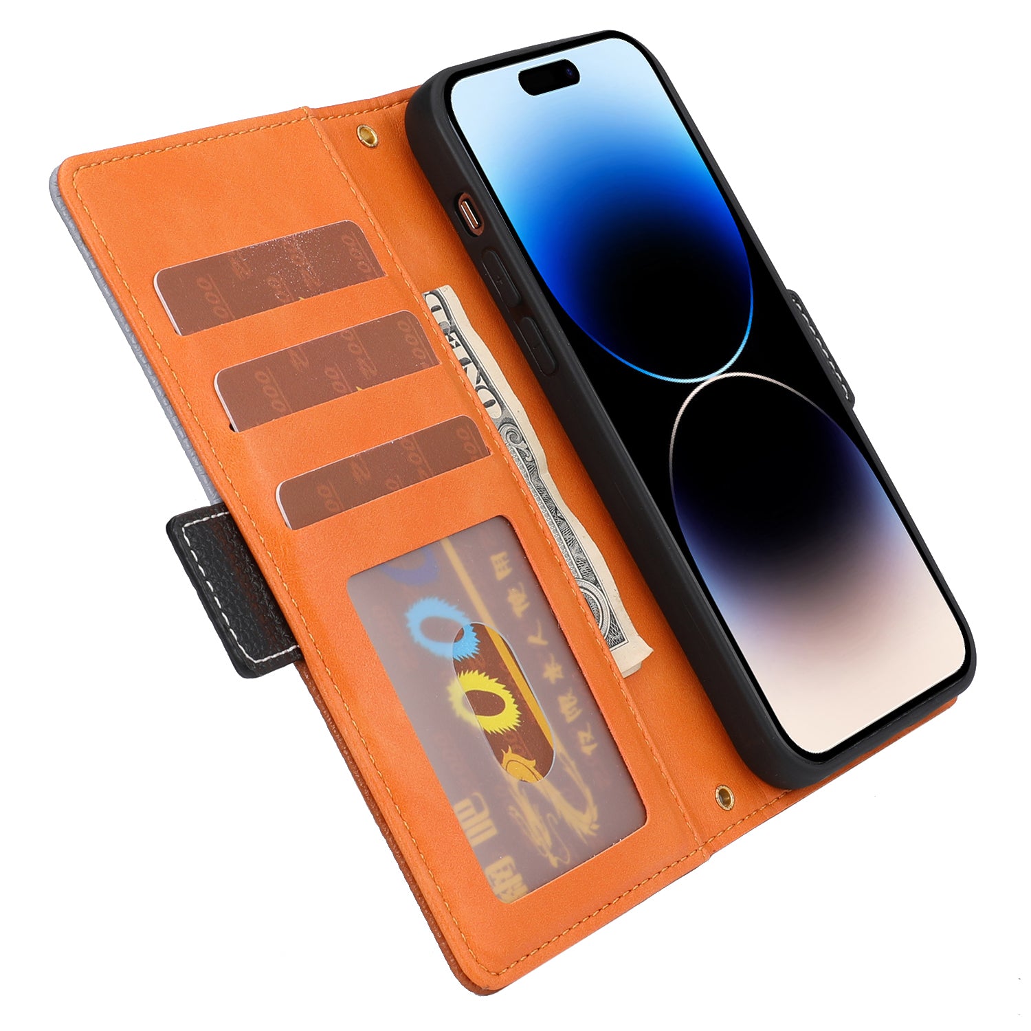 Leather Phone Cover for iPhone 14 Pro Tri-color Splicing Litchi Texture Wallet Phone Stand Case with Strap