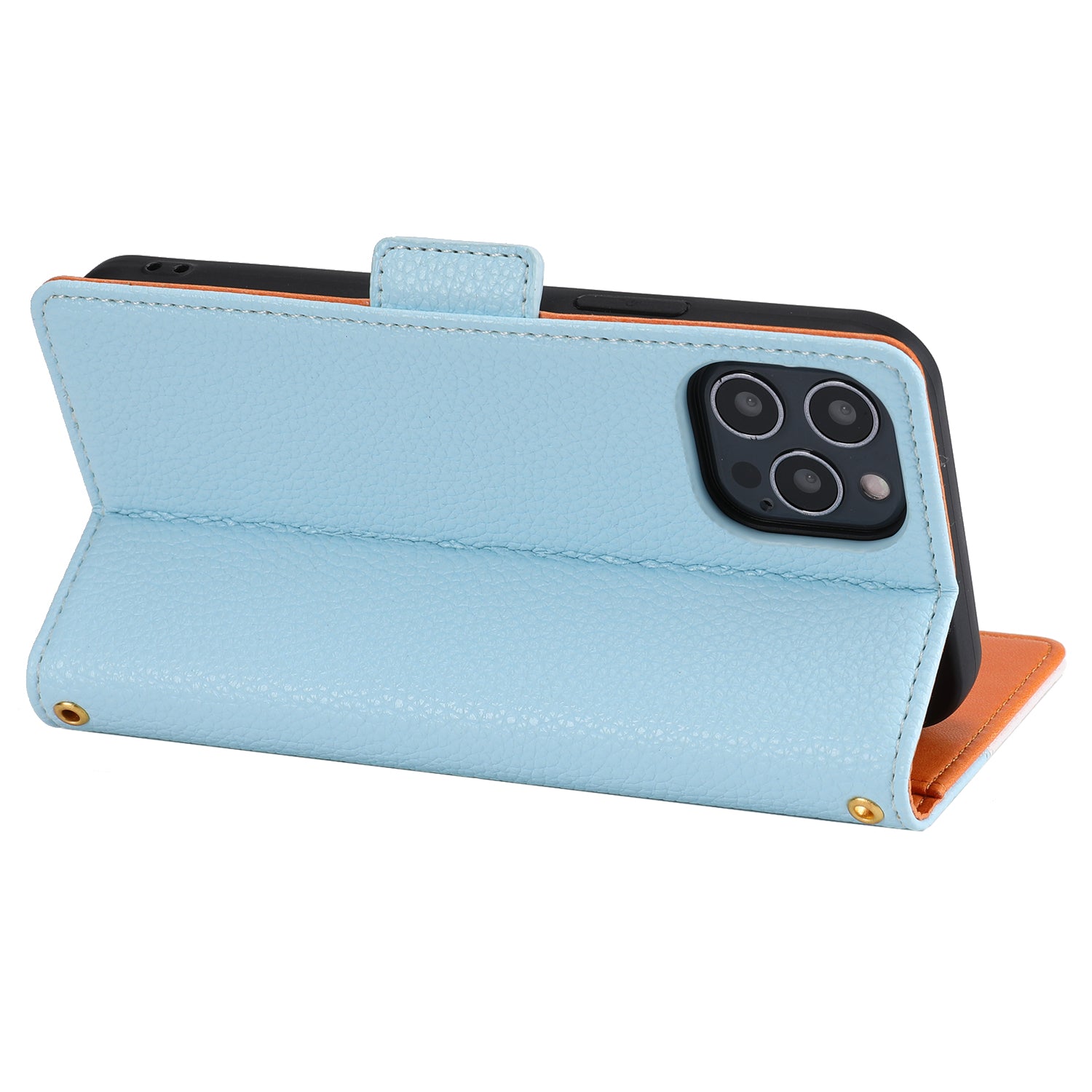 Leather Phone Cover for iPhone 14 Pro Tri-color Splicing Litchi Texture Wallet Phone Stand Case with Strap