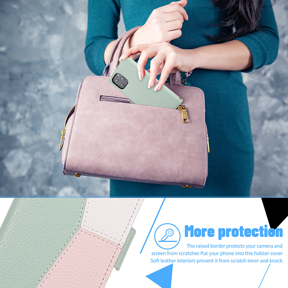 Leather Phone Cover for iPhone 14 Pro Tri-color Splicing Litchi Texture Wallet Phone Stand Case with Strap