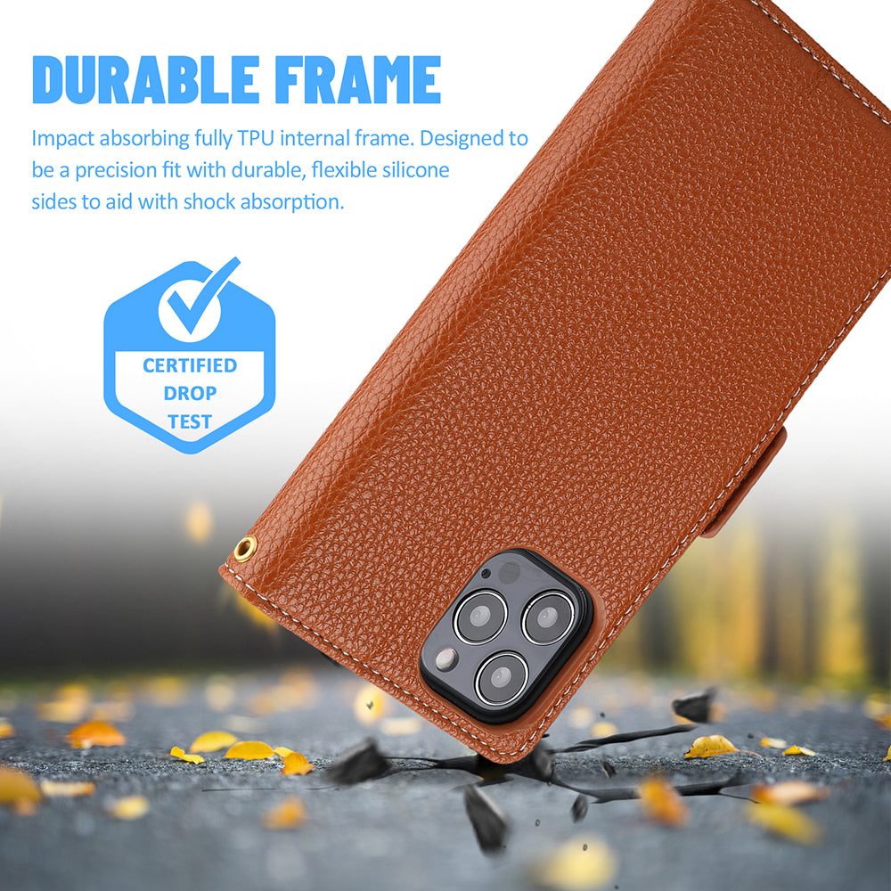Leather Phone Cover for iPhone 14 Pro Tri-color Splicing Litchi Texture Wallet Phone Stand Case with Strap