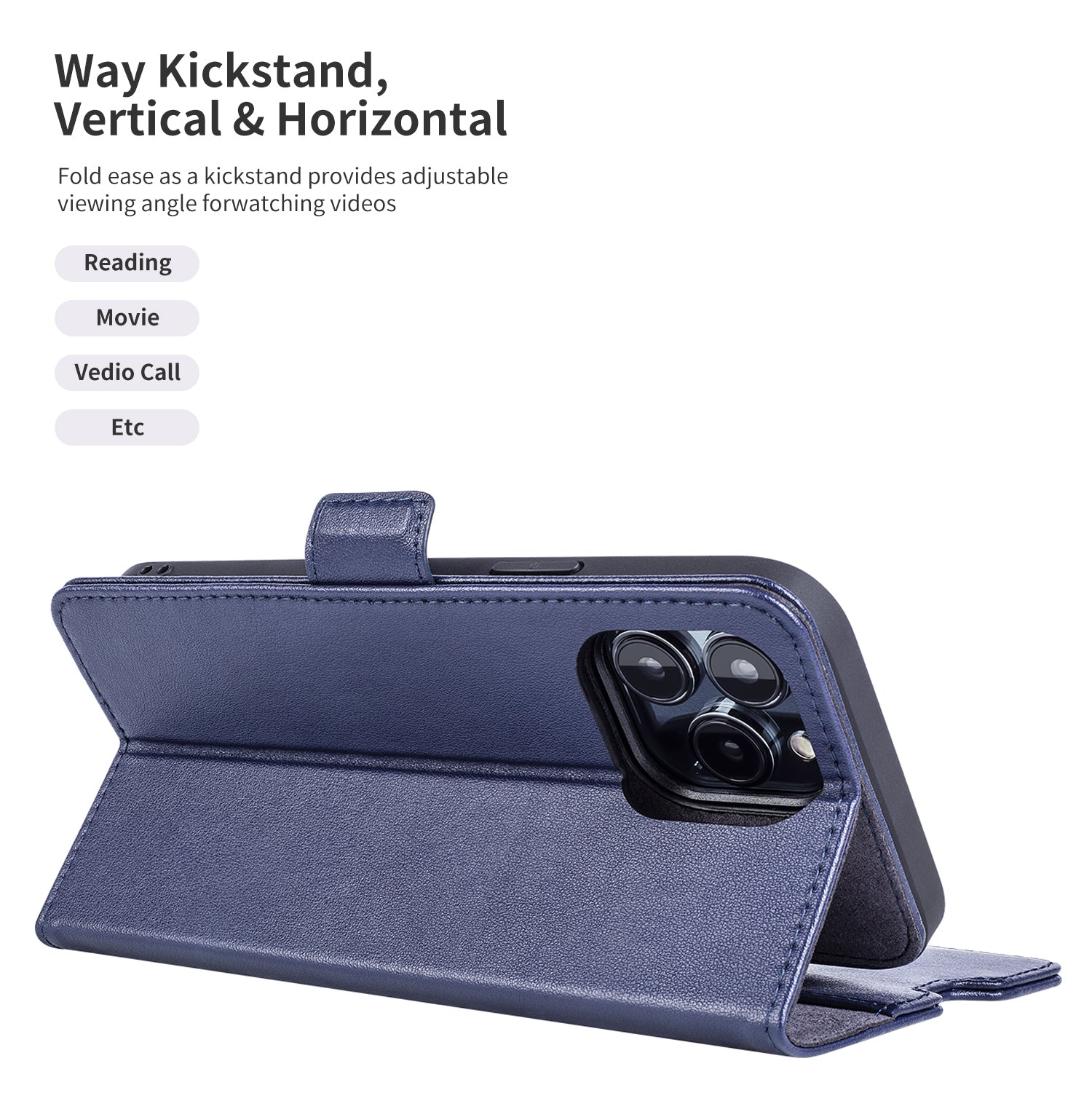 Phone Leather Case for iPhone 14 Pro Max Detachable Stand Phone Wallet Cover Compatible with MagSafe - Blue