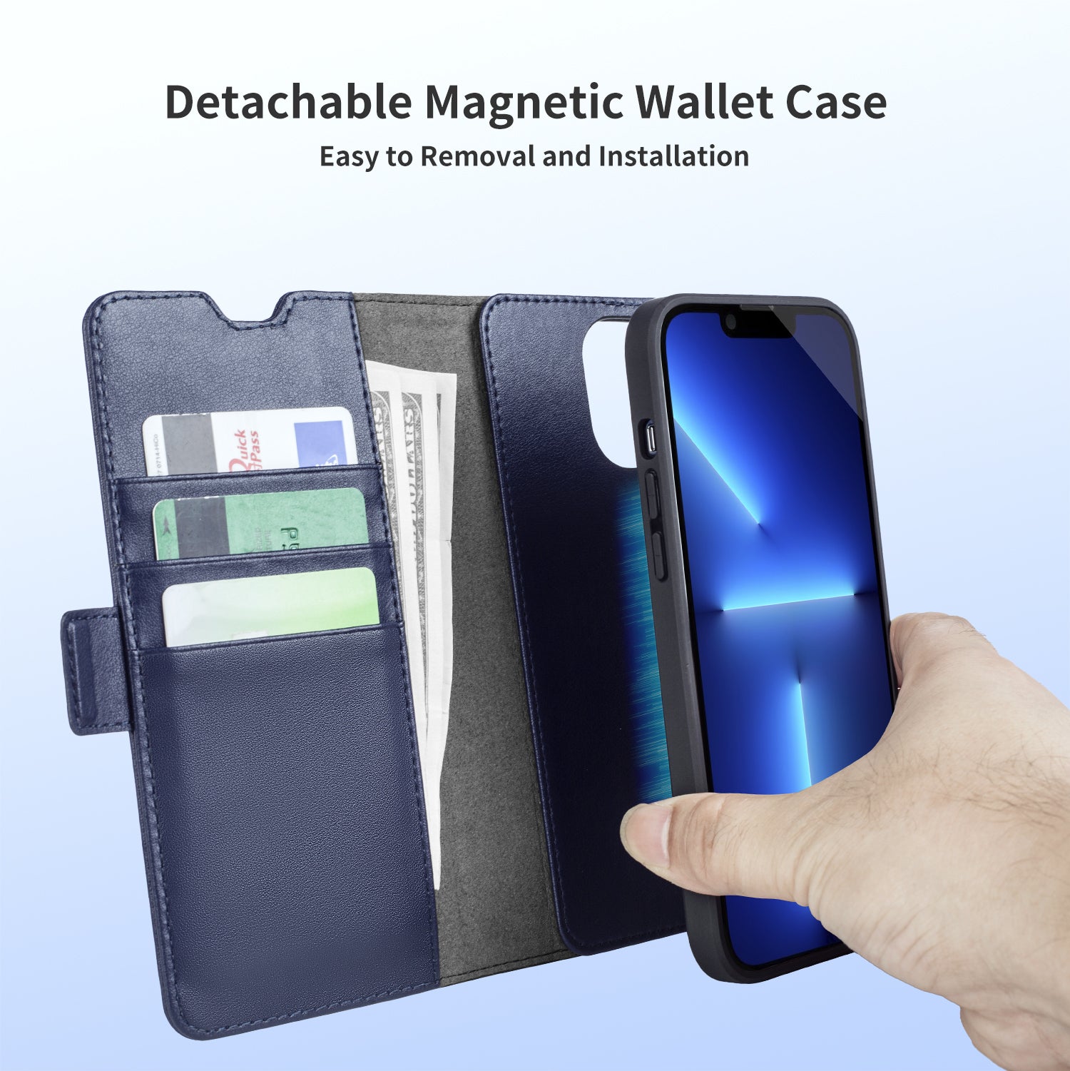 Phone Leather Case for iPhone 14 Pro Max Detachable Stand Phone Wallet Cover Compatible with MagSafe - Blue