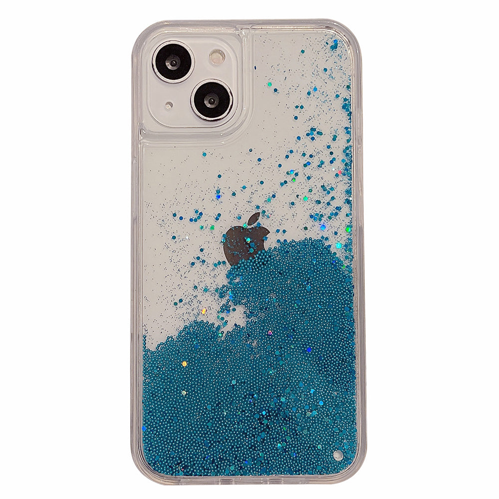 For iPhone 14 Flowing Liquid Quicksand Beads PC TPU Case Back Protector Phone Cover