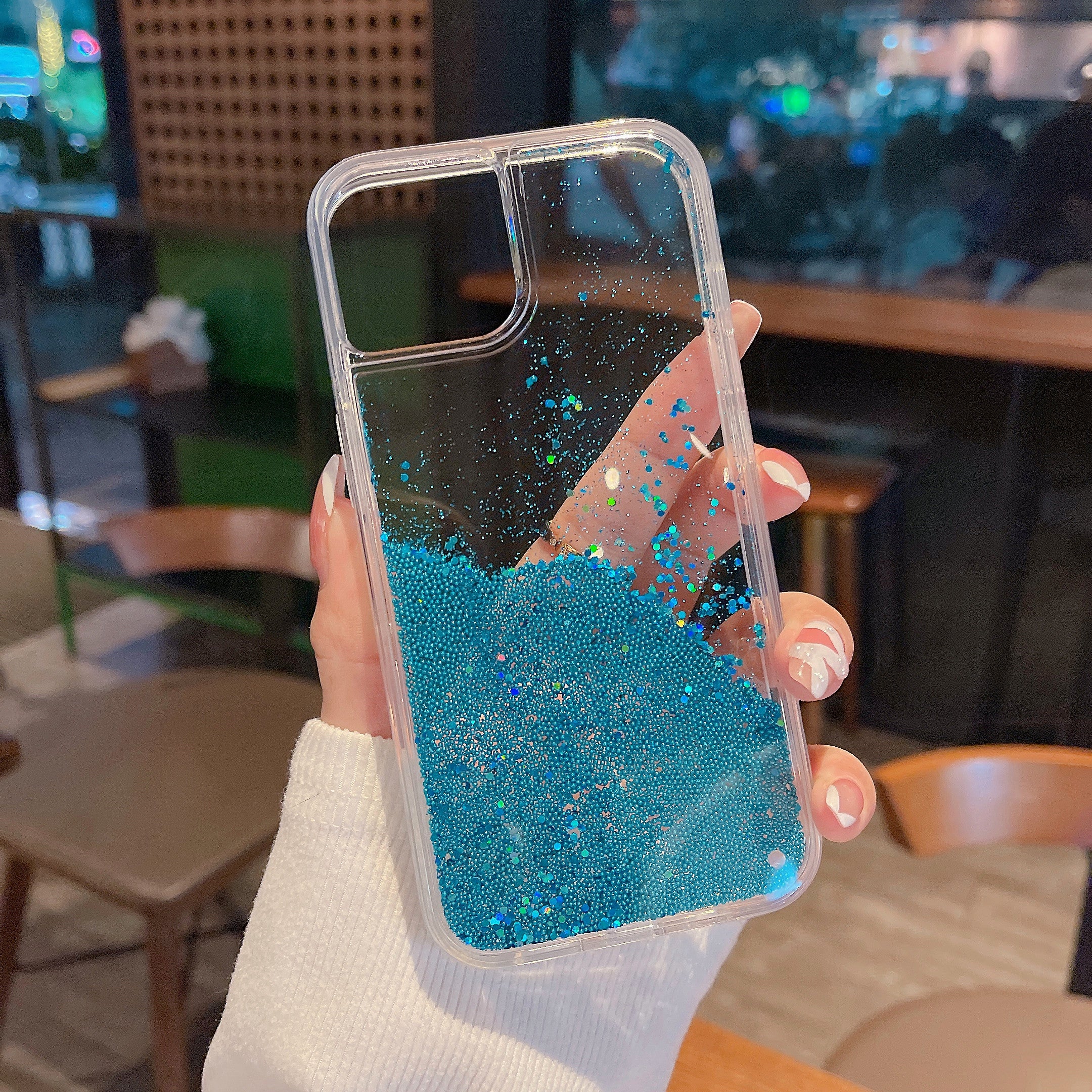 For iPhone 14 Flowing Liquid Quicksand Beads PC TPU Case Back Protector Phone Cover