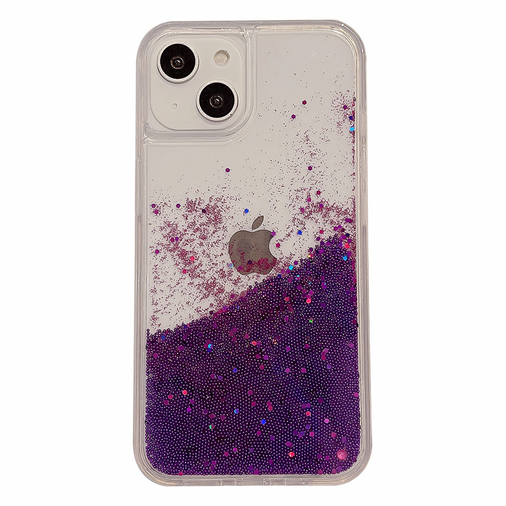 For iPhone 14 Flowing Liquid Quicksand Beads PC TPU Case Back Protector Phone Cover