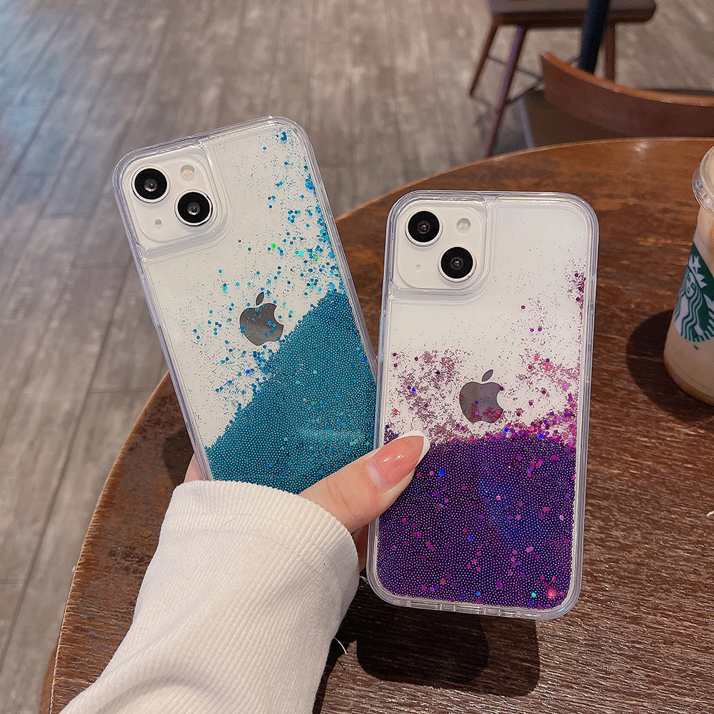 For iPhone 14 Flowing Liquid Quicksand Beads PC TPU Case Back Protector Phone Cover