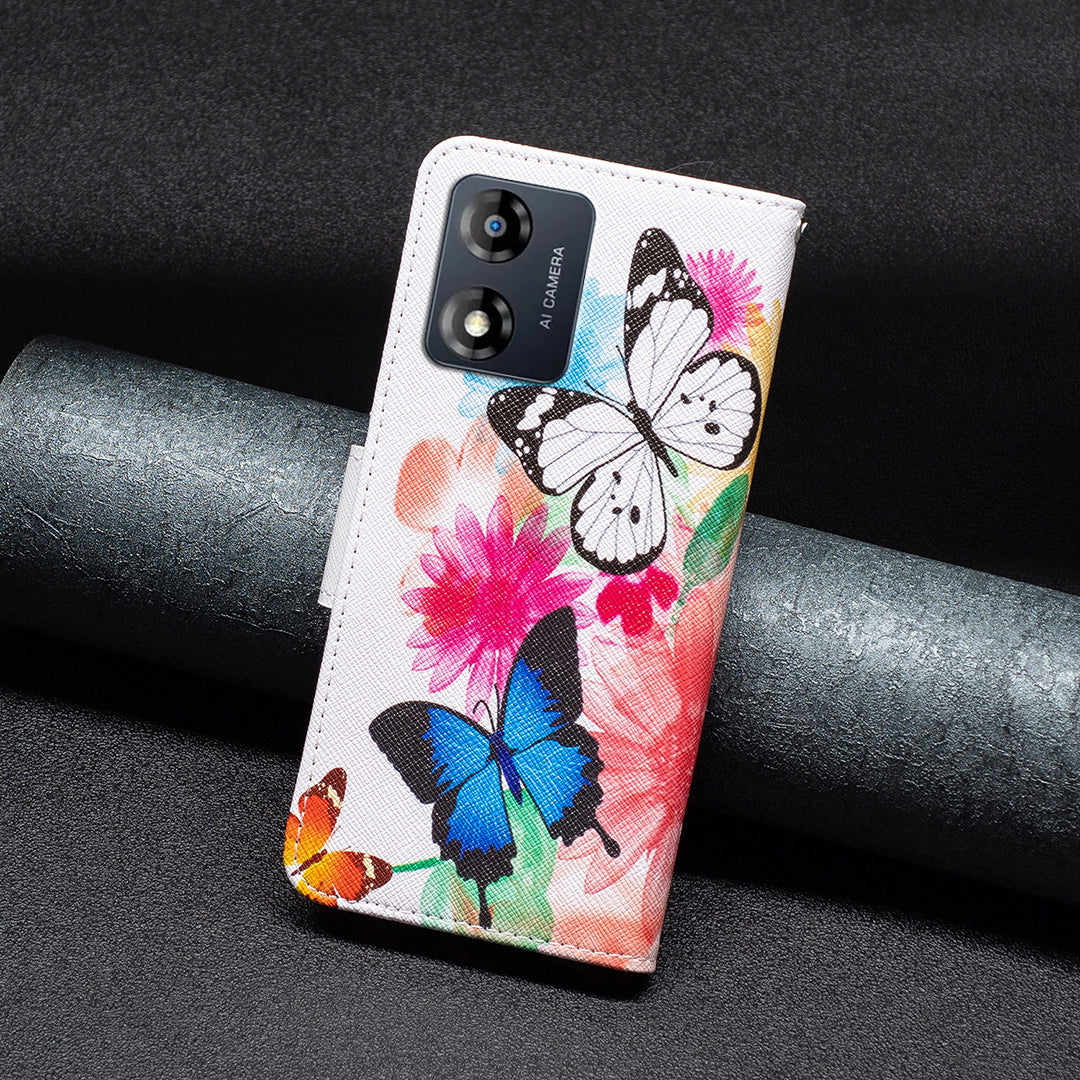 Kožené pouzdro na telefon pro Motorola Moto E13 4G s potiskem vzoru BF Kožený kryt Series-1 s plnou ochranou Flip Kryt na peněženku