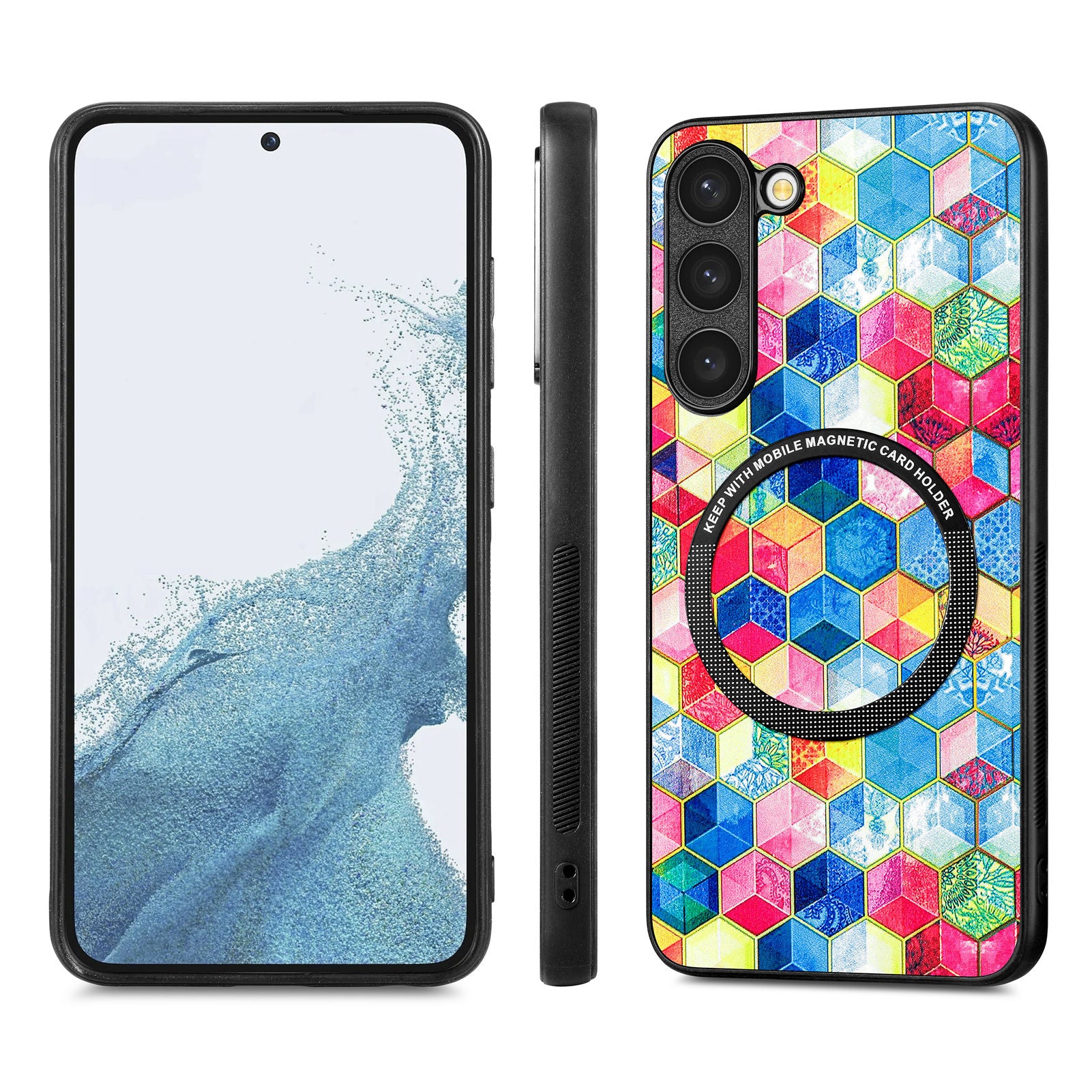 For Samsung Galaxy S23 Metal Ring Design Cellphone Case PC TPU PU Leather Coated Pattern Printing Shockproof Cover