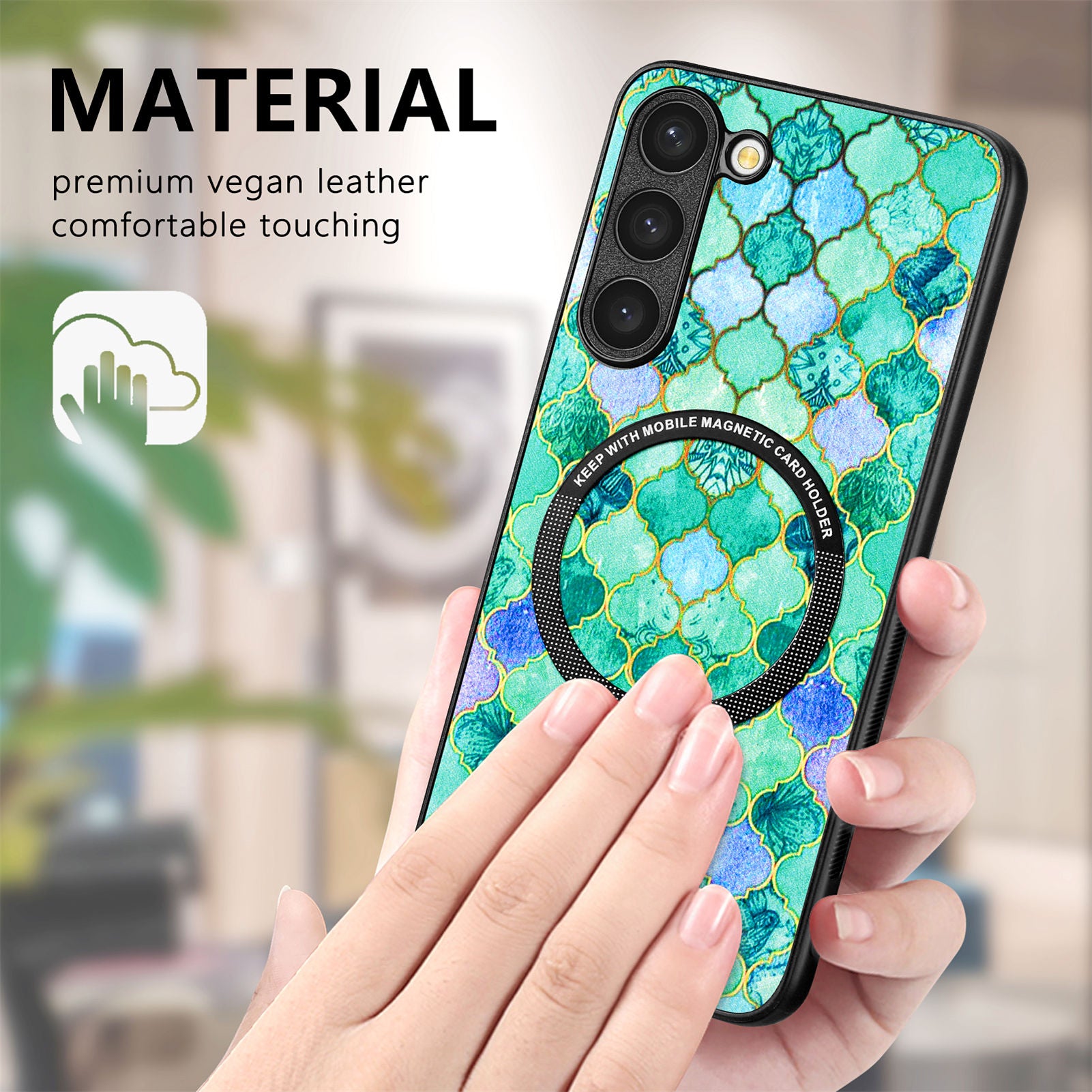 For Samsung Galaxy S23 Metal Ring Design Cellphone Case PC TPU PU Leather Coated Pattern Printing Shockproof Cover