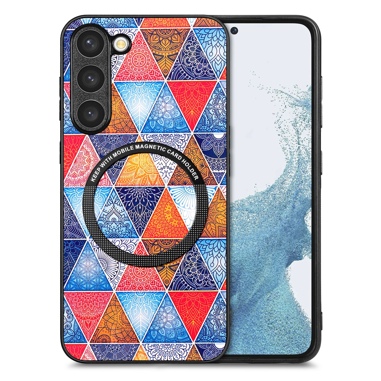 For Samsung Galaxy S23 Metal Ring Design Cellphone Case PC TPU PU Leather Coated Pattern Printing Shockproof Cover