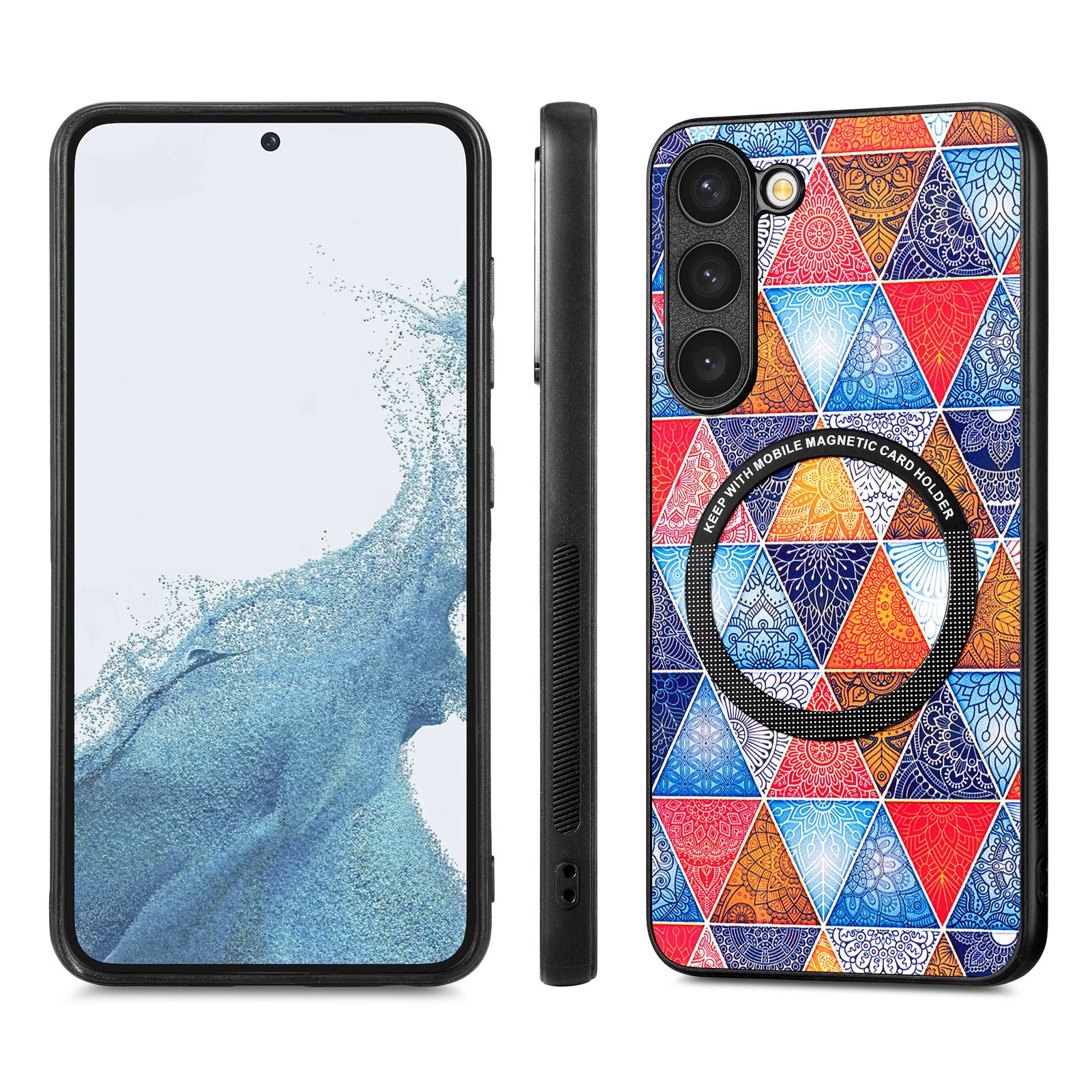 For Samsung Galaxy S23 Metal Ring Design Cellphone Case PC TPU PU Leather Coated Pattern Printing Shockproof Cover