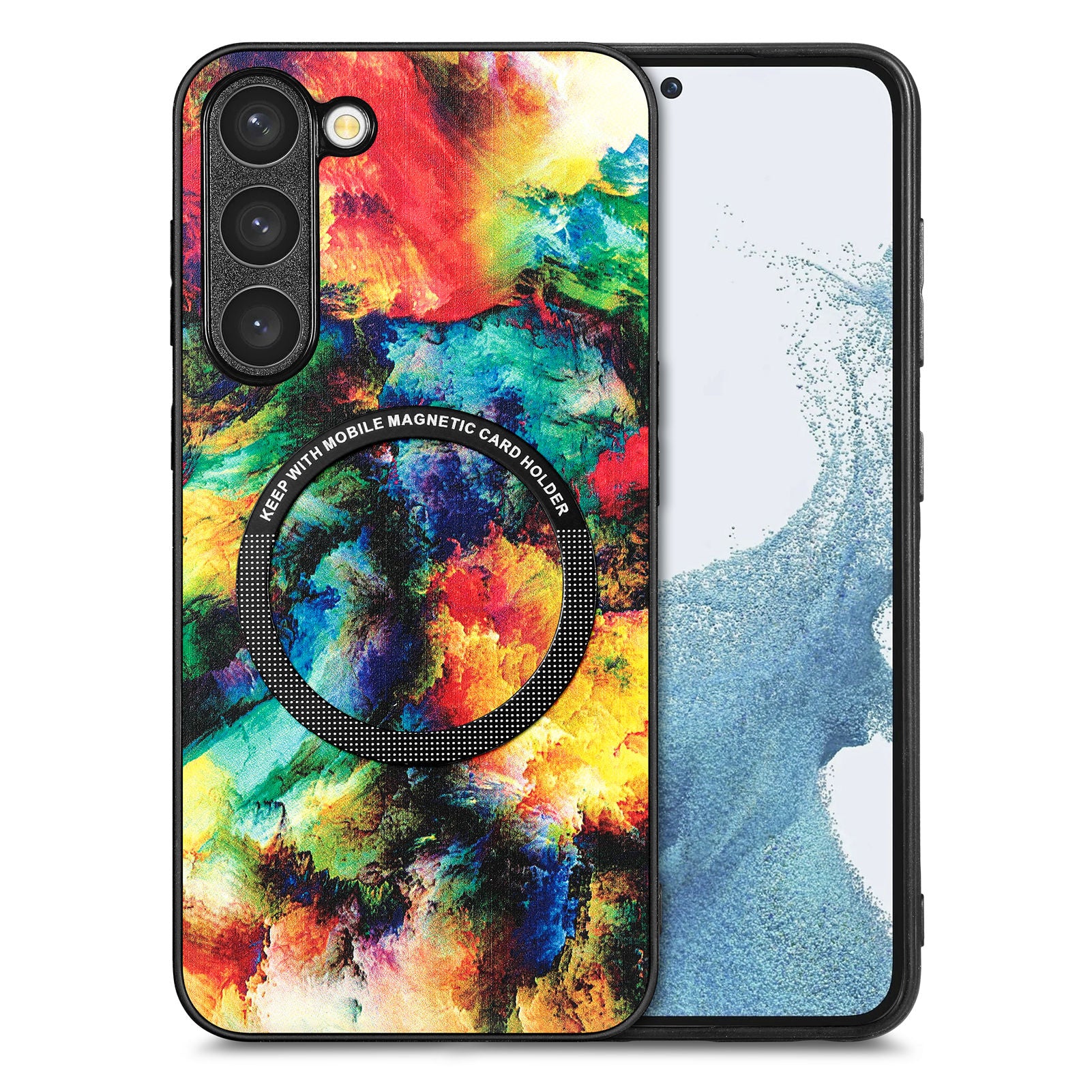 For Samsung Galaxy S23 Metal Ring Design Cellphone Case PC TPU PU Leather Coated Pattern Printing Shockproof Cover