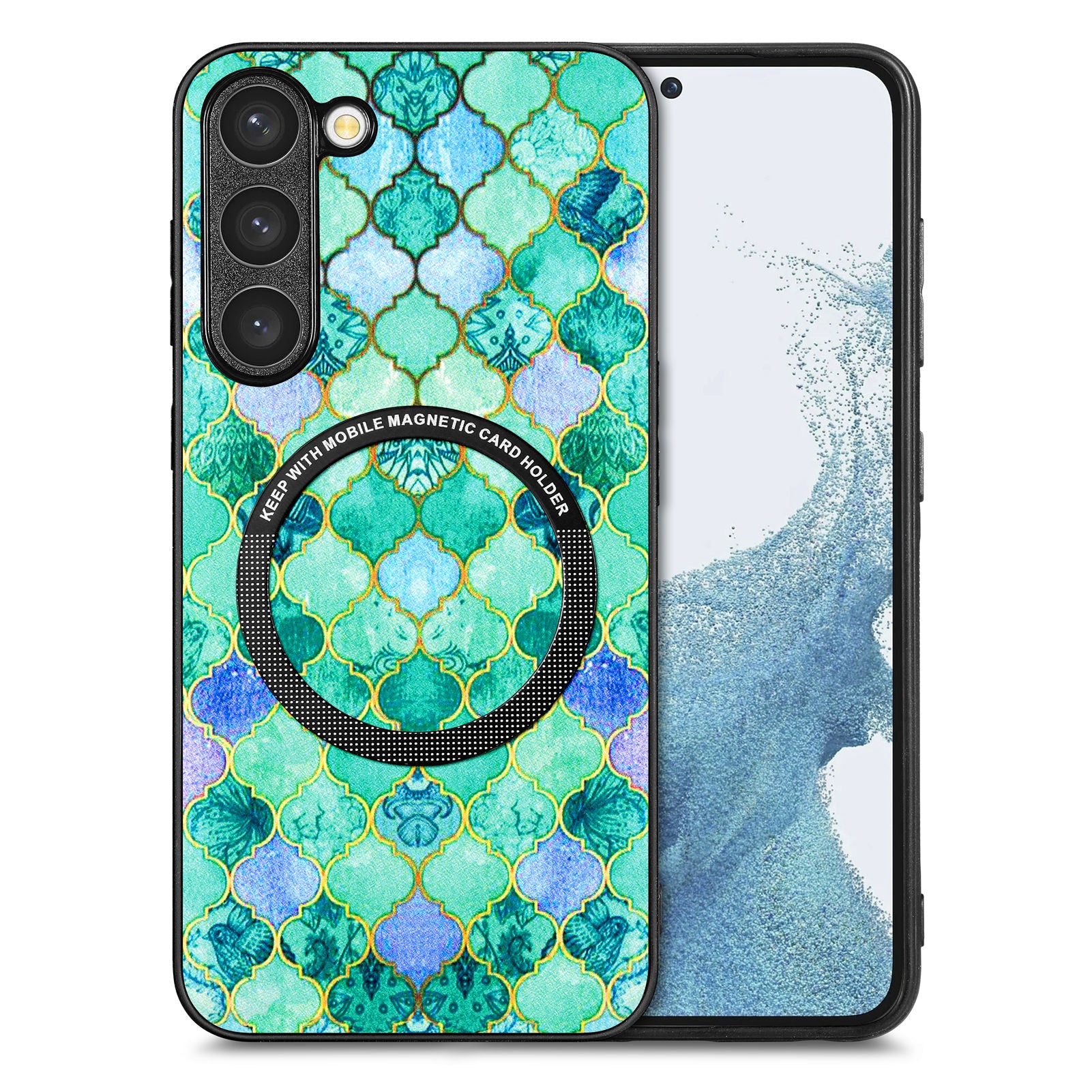 For Samsung Galaxy S23 Stylish Pattern Metal Ring Design Phone Case PC TPU PU Leather Coating Drop-proof Cover