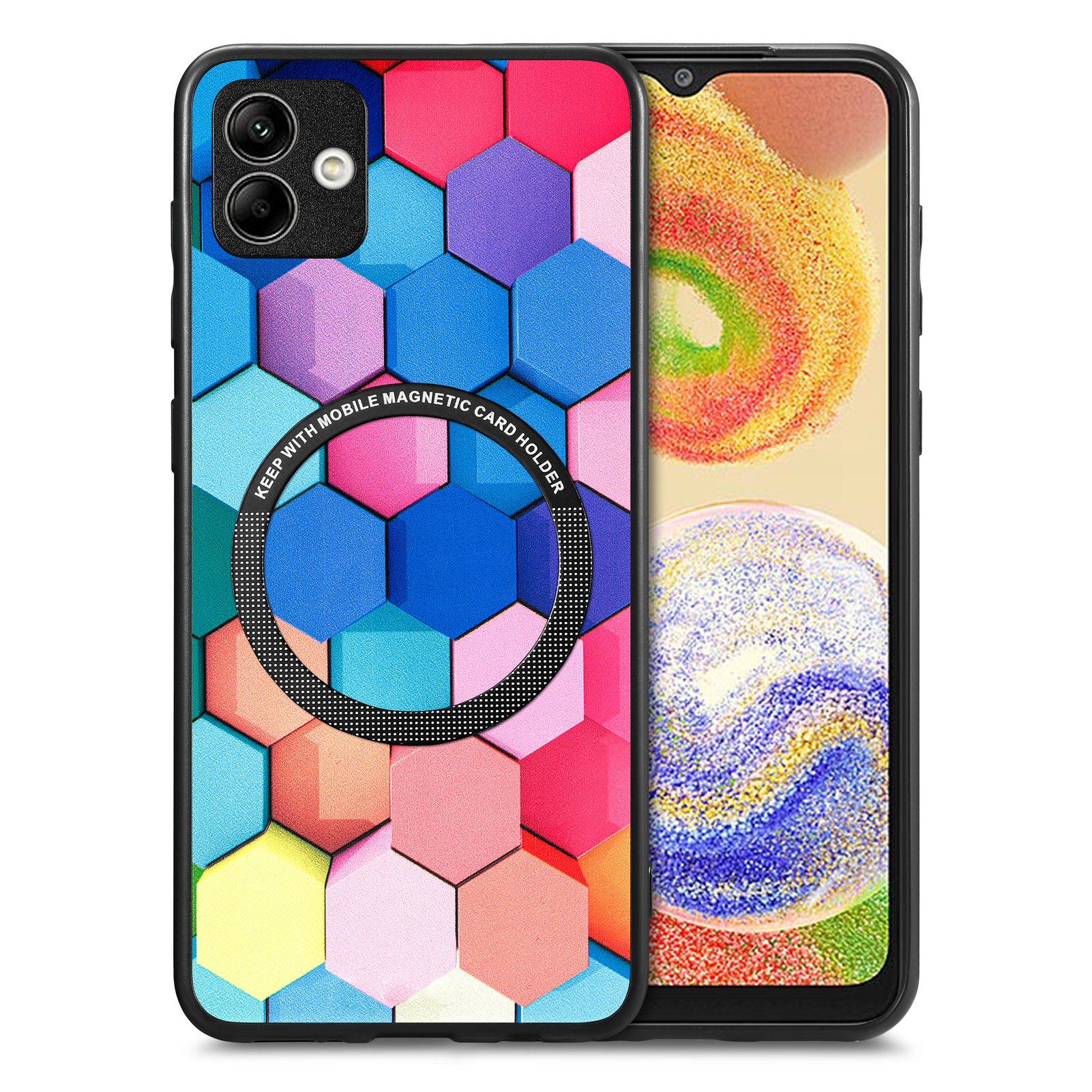 For Samsung Galaxy A04 4G (164.4 x 76.3 x 9.1 mm) Pattern Printing PU Leather Coated PC TPU Phone Cover Metal Ring Design Protection Case