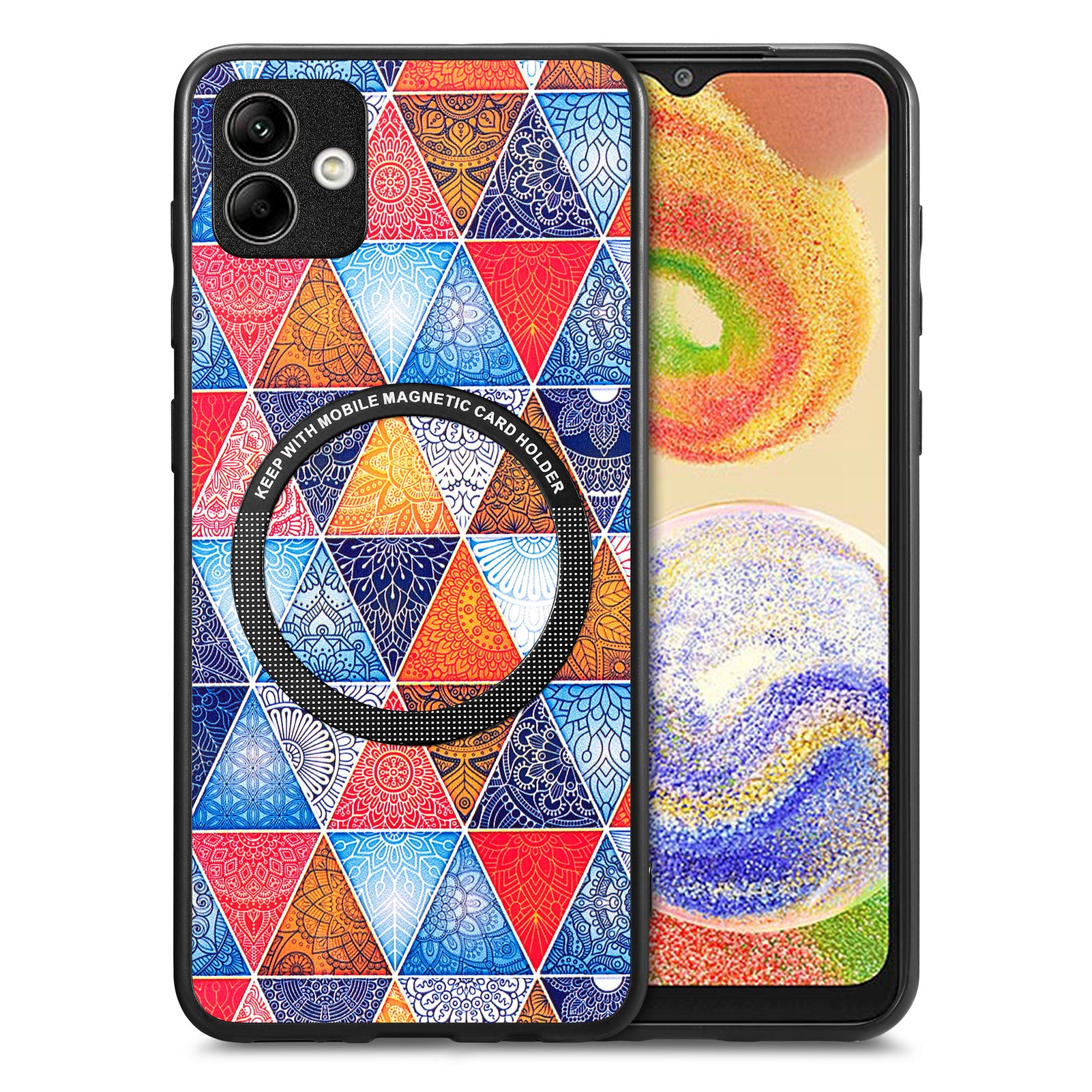 For Samsung Galaxy A04 4G (164.4 x 76.3 x 9.1 mm) Pattern Printing PU Leather Coated PC TPU Phone Cover Metal Ring Design Protection Case