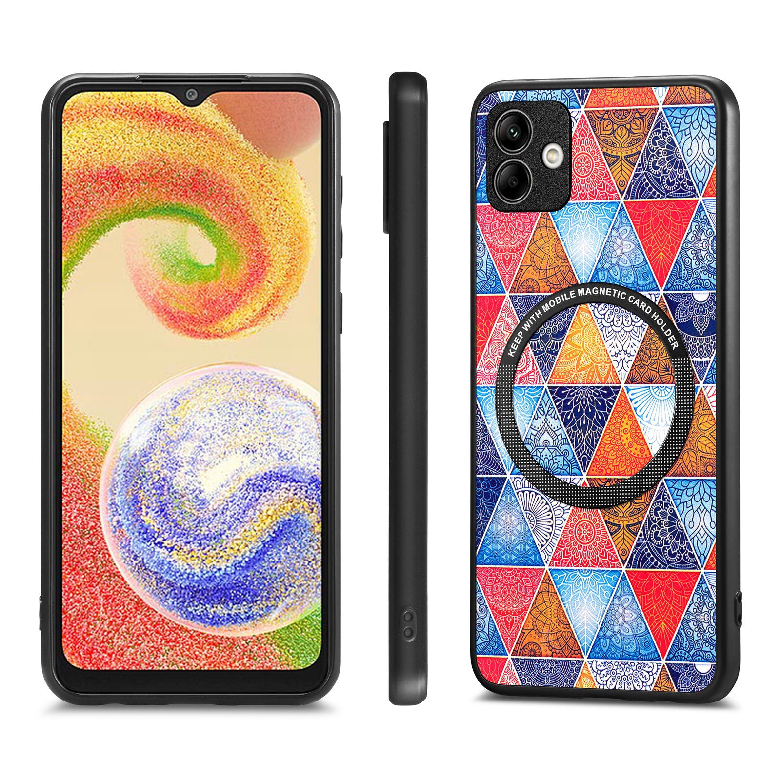 For Samsung Galaxy A04 4G (164.4 x 76.3 x 9.1 mm) Pattern Printing PU Leather Coated PC TPU Phone Cover Metal Ring Design Protection Case